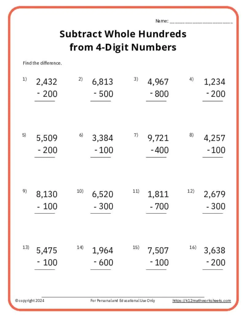 3rd Grade Subtraction Worksheets
