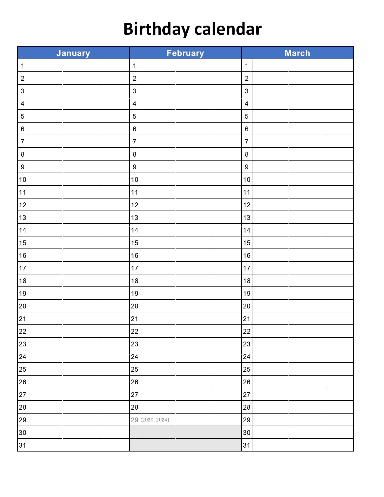 Printable Birthday Calendar Reminder