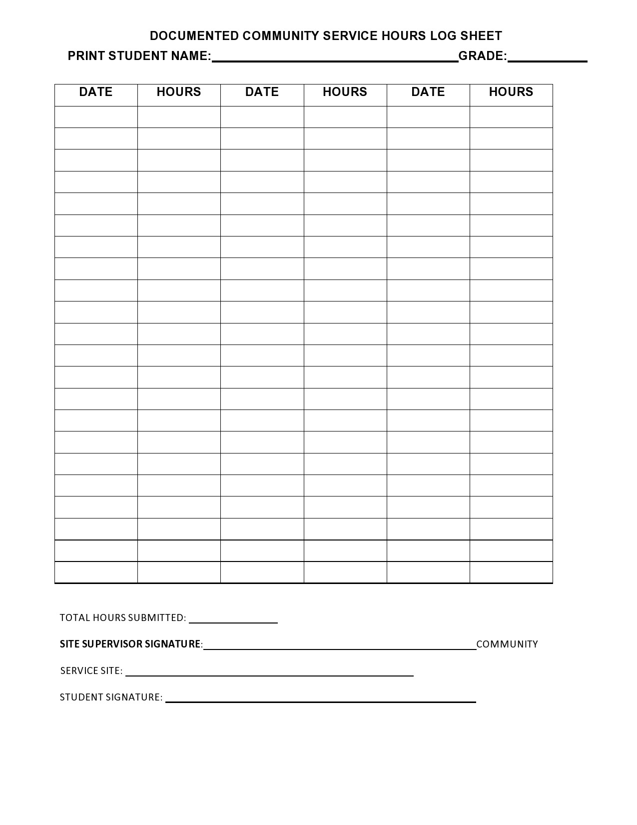Printable Community Service Log Sheet