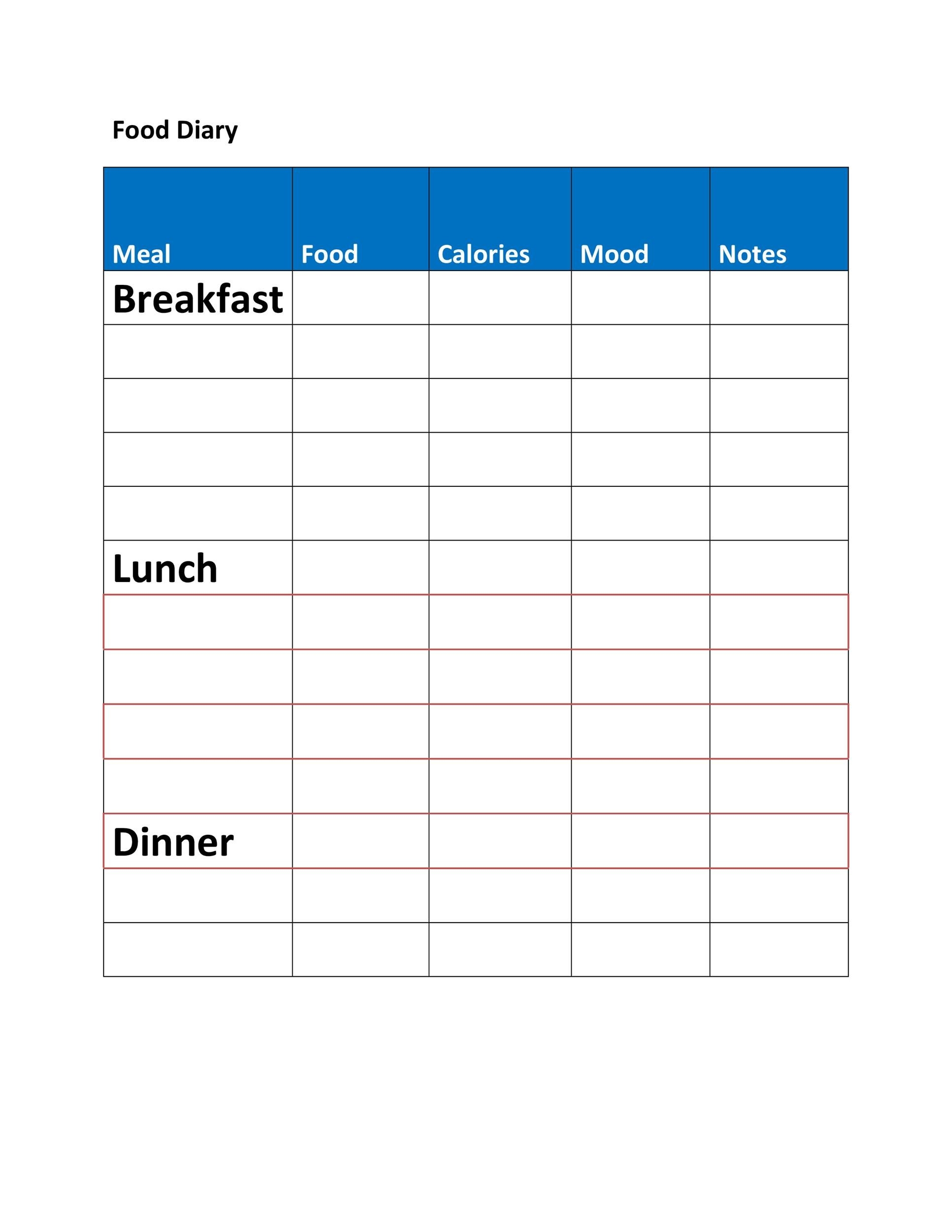 Printable Food Diary Sheets