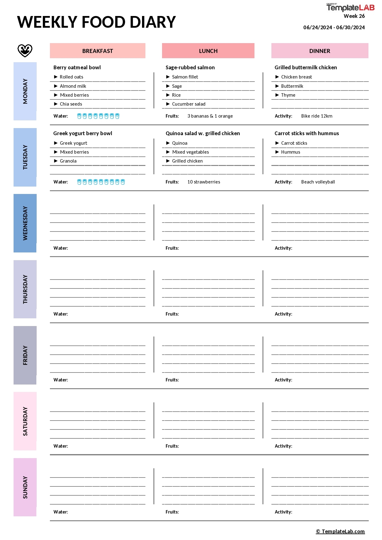 Printable Food Tracking Sheets