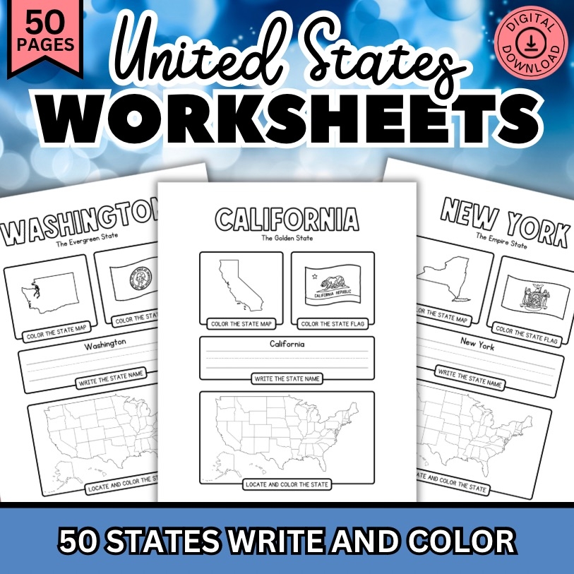50 States Worksheets United States Coloring Pages Writing State Name Geography Homeschool State Flags Classful