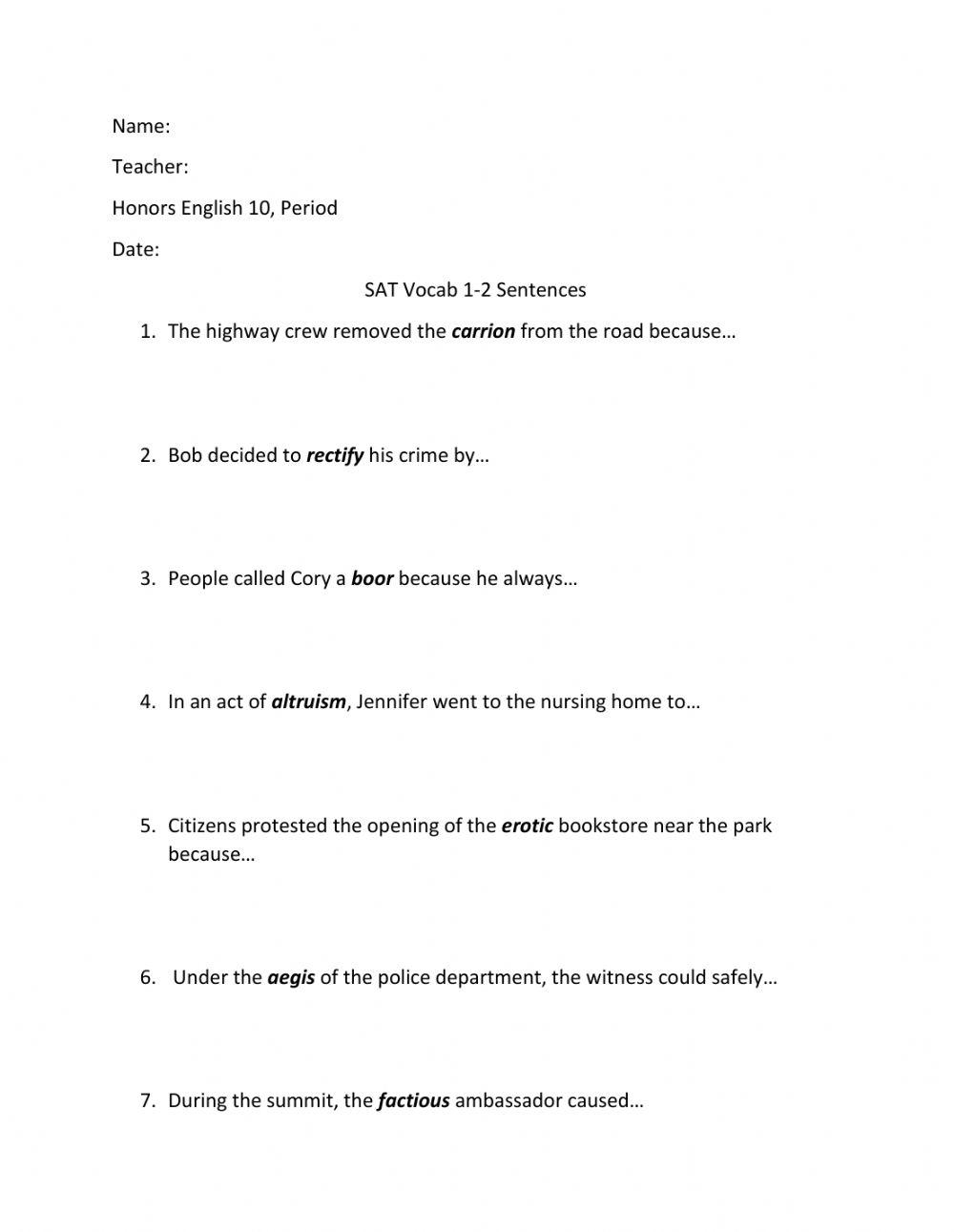 Printable Sat Vocabulary Practice Worksheets Pdf
