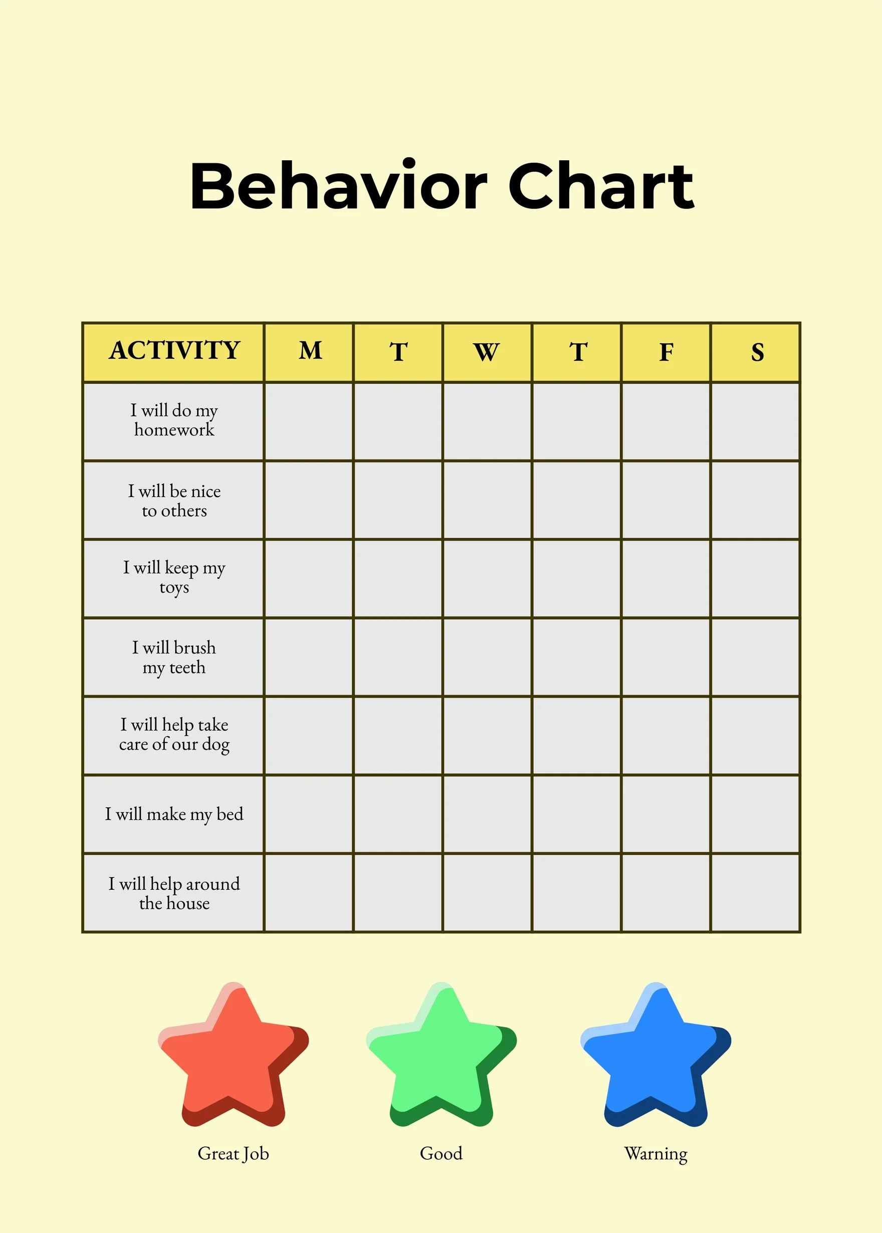 Printable Good Behavior Chart Printable Good Behavior Chart