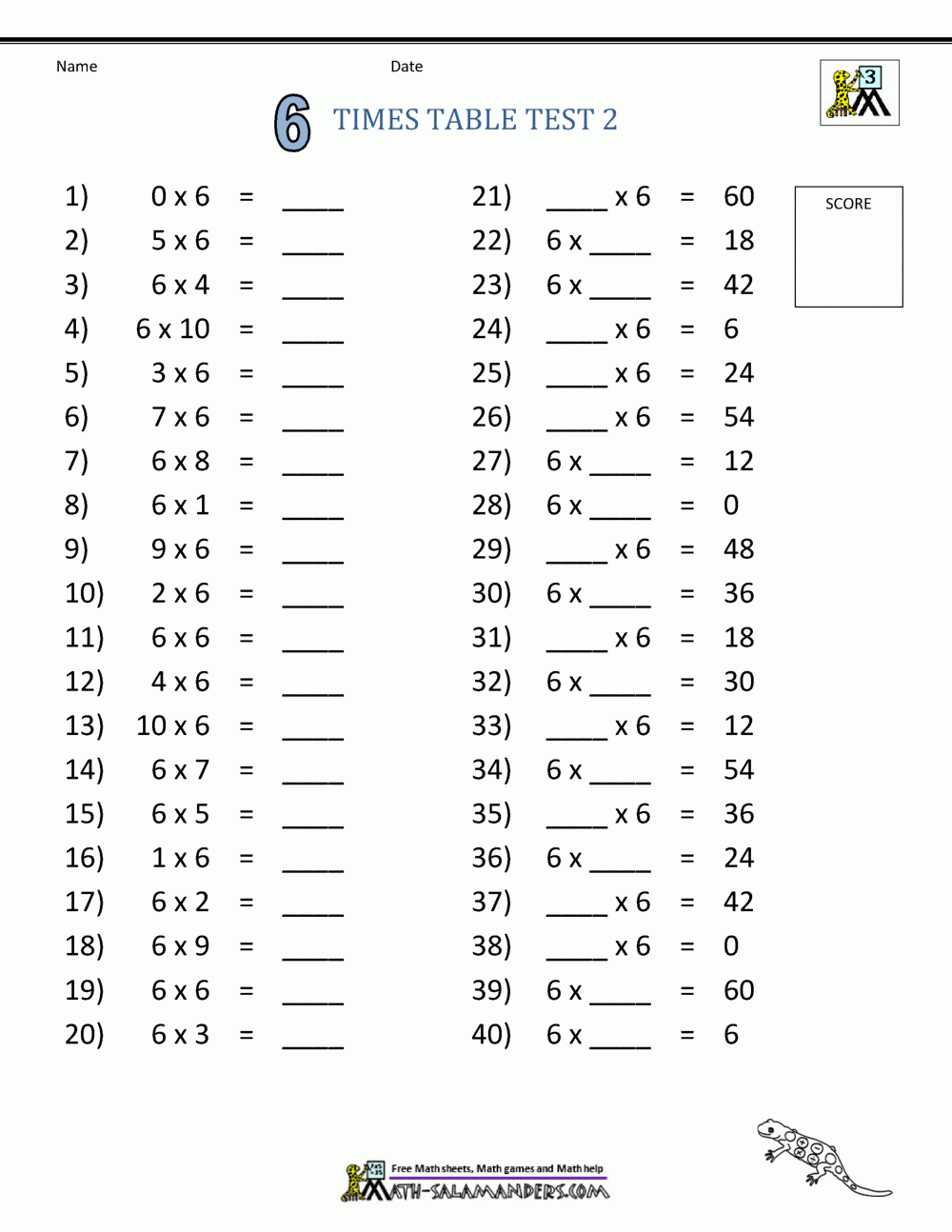 6 Times Table Worksheet Free Printable