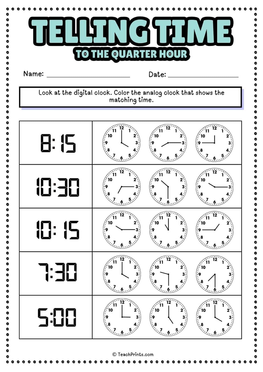 Free Printable Clock Worksheets For Kindergarten