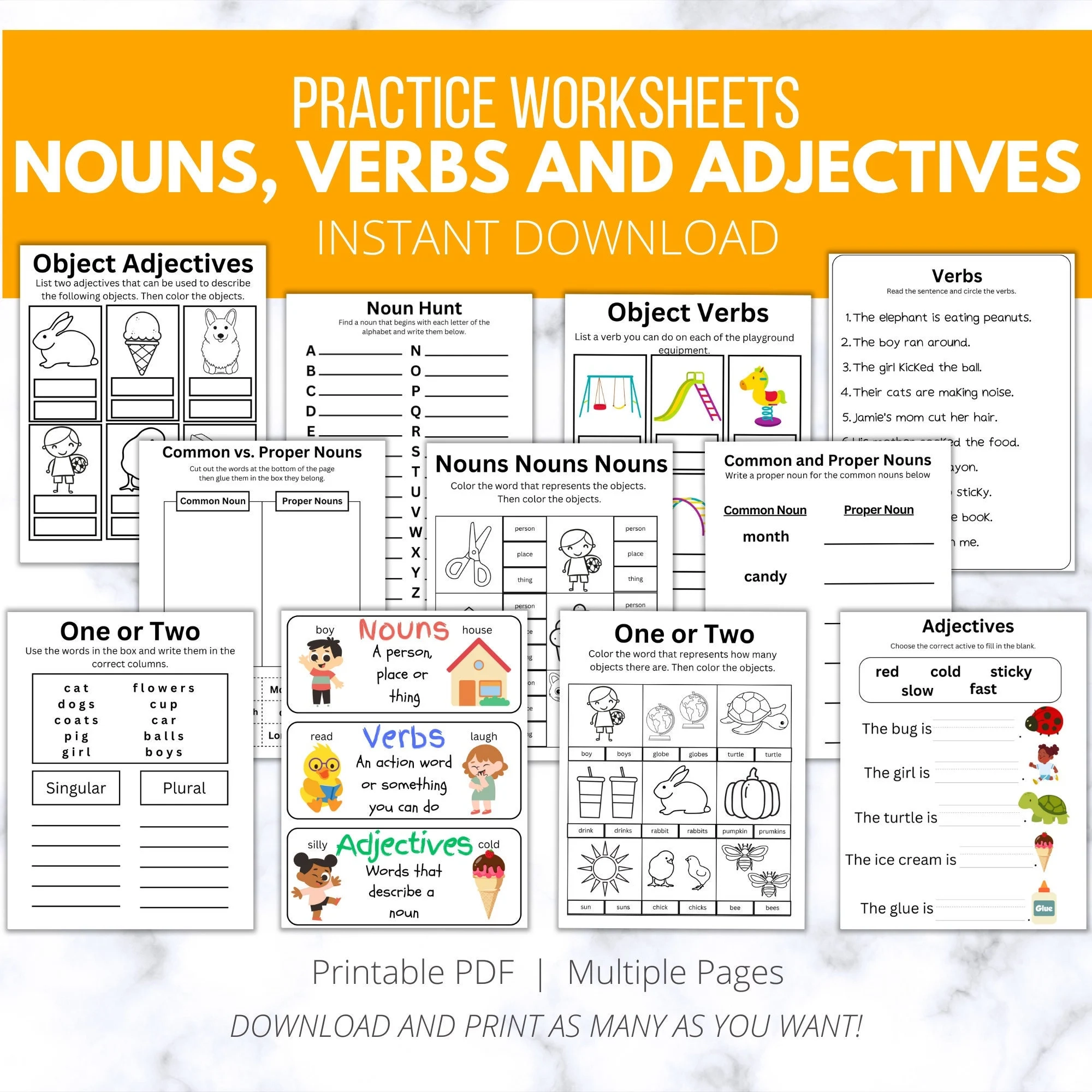 60 Nouns Verbs Adjectives Worksheets Parts Of Speech Classroom Poster Grammar For Teachers Homeschool Instant Download Printable Etsy