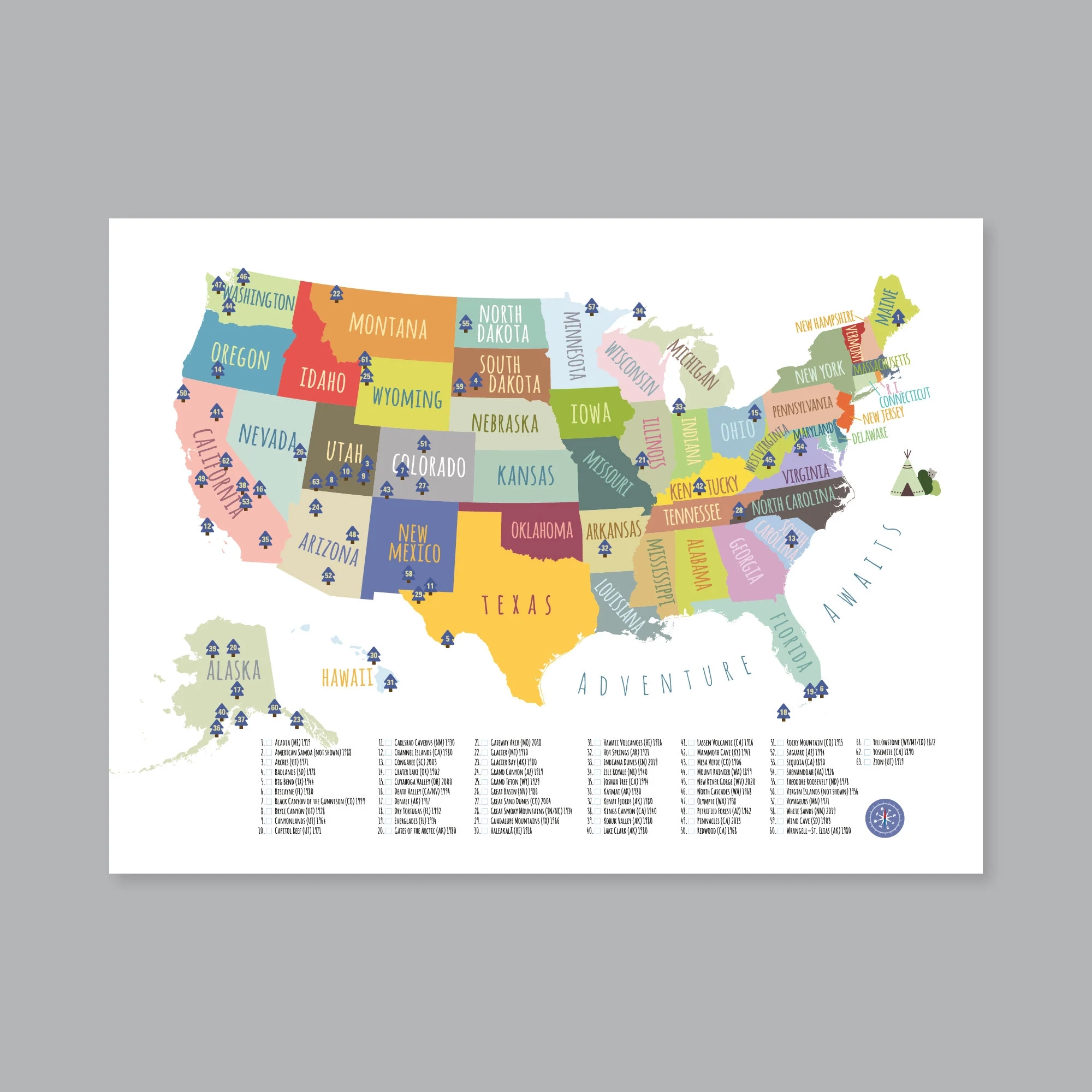 63 National Parks Map USA PRINTABLE Adventure Awaits US National 