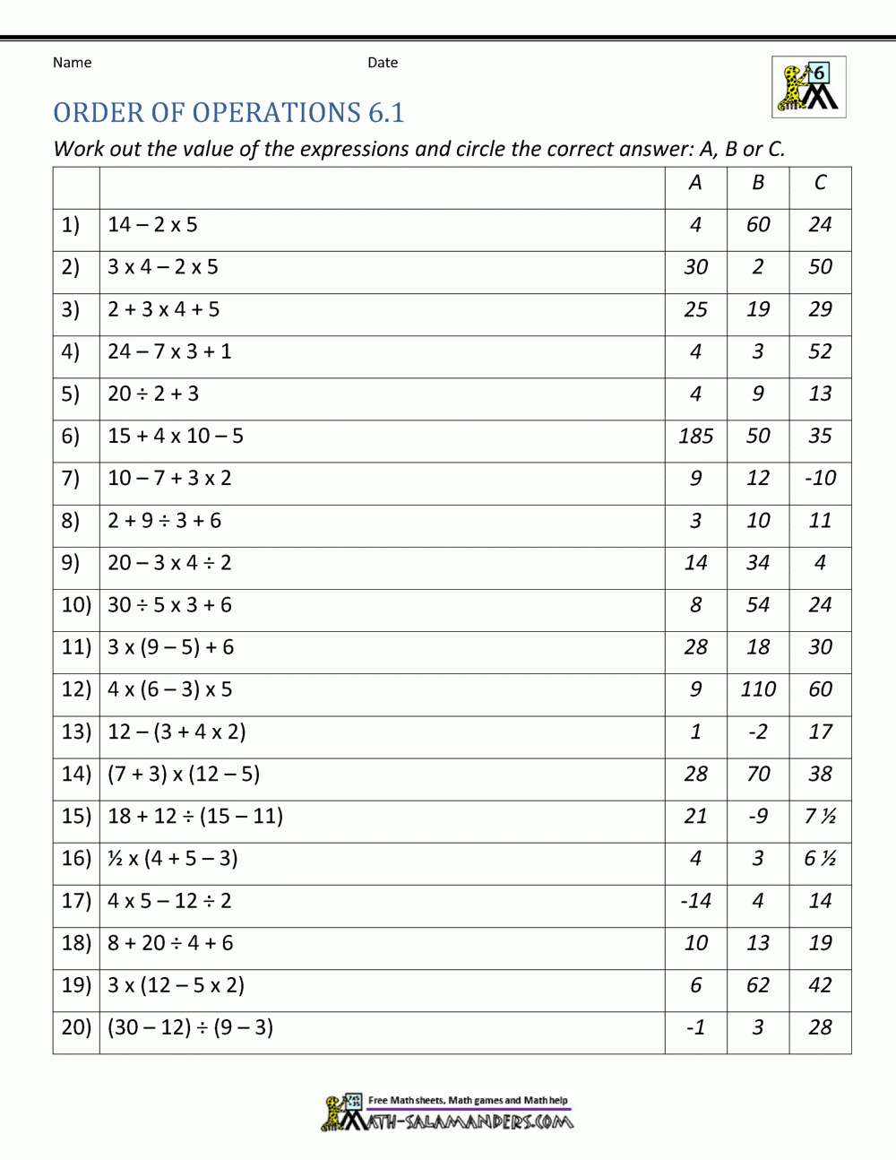 Order Of Operations Free Printable Worksheets