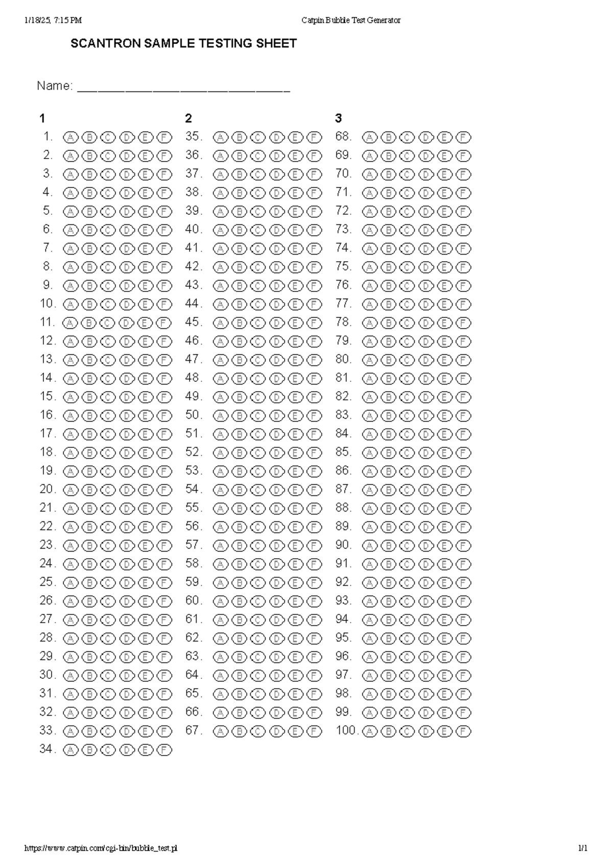 Printable Bubble Test Sheets
