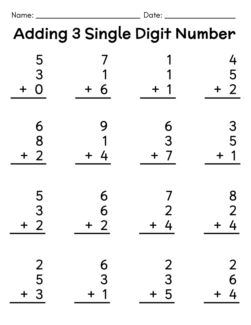 80 Adding 3 Single Digit Number Sums Addition Sums With Numbers 0 9 Preschool 2nd Grade Math Home Made By Teachers