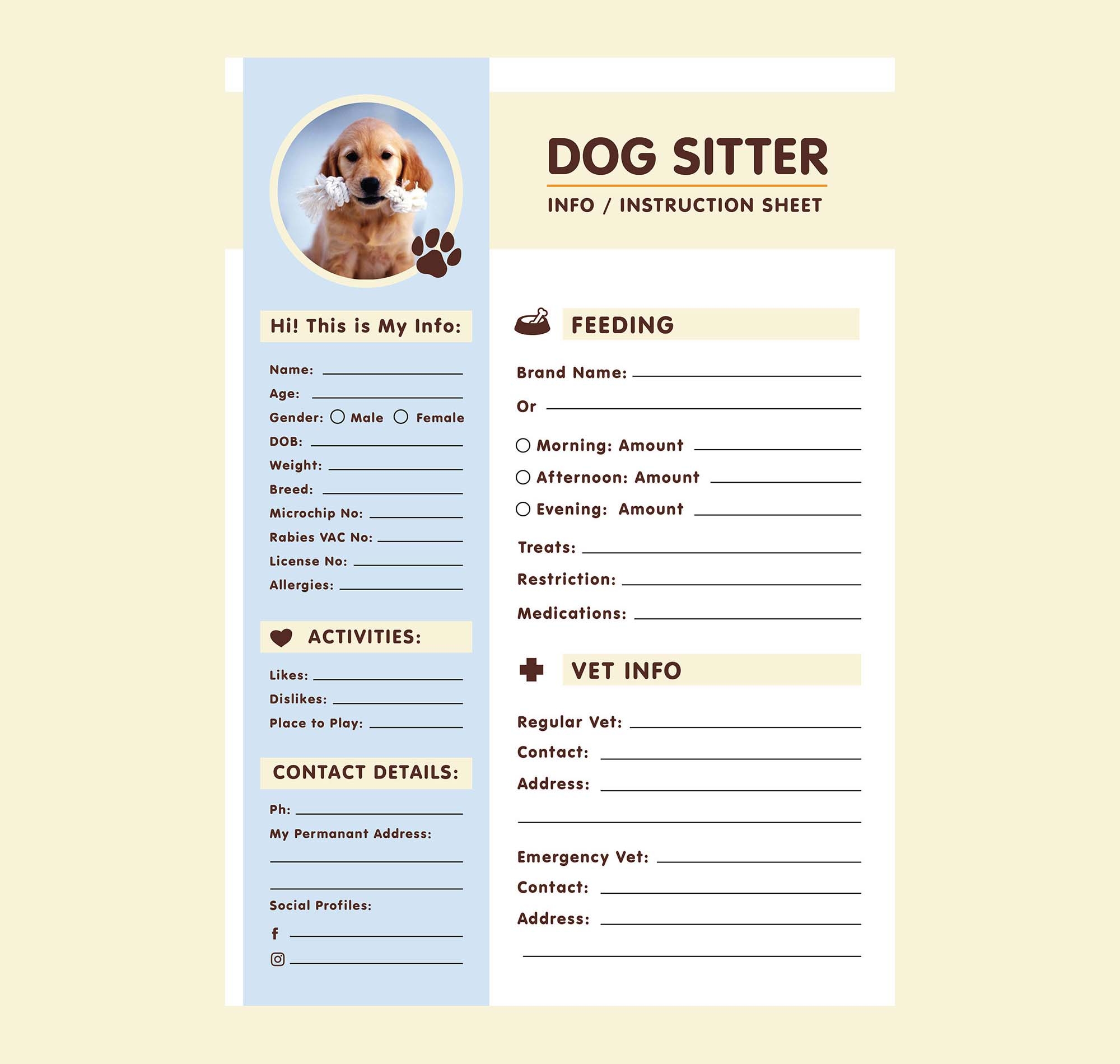 A4 Dog Sitter Information Sheet Template AI 