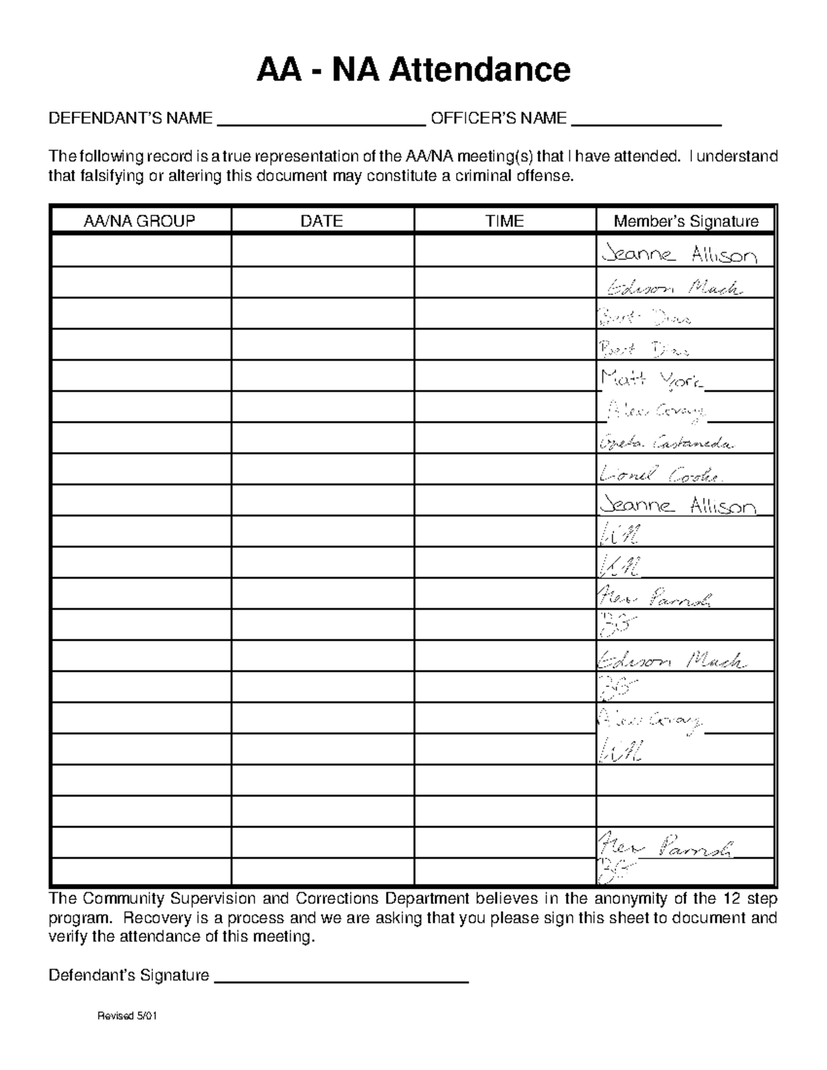 Aa Na Meeting Attendance Sheet pdf Revised 5 AA NA Attendance DEFENDANT S NAME OFFICER S NAME Studocu