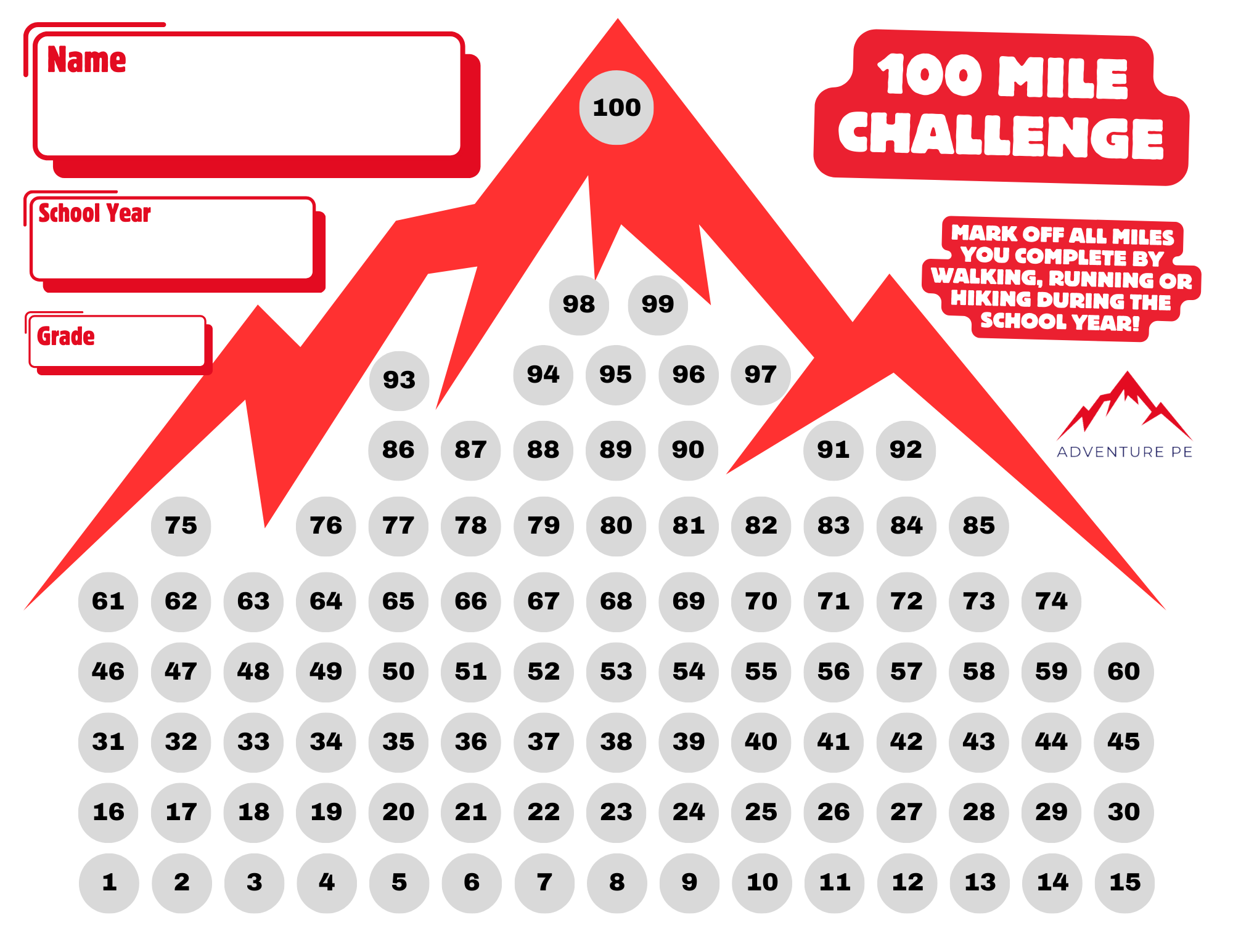 Free Printable 100 Mile Challenge Chart