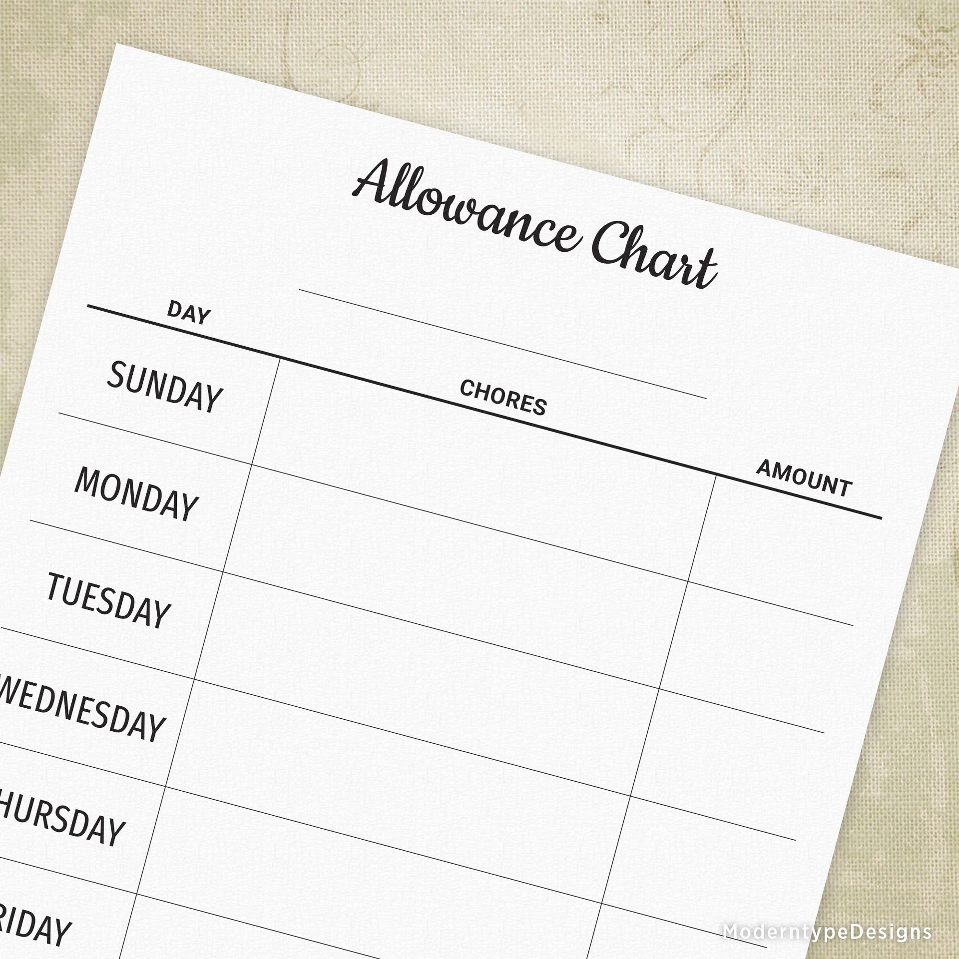 Allowance Chart Printable Form