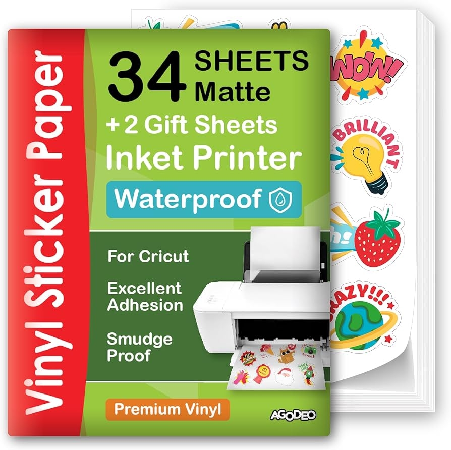 Amazon Premium Printable Vinyl Sticker Paper For Inkjet Printer 34 Sheets Self Adhesive Sheets Matte White Waterproof Dries Quickly Vivid Colors Holds Ink Well Tear Resistant Office Products Amazon Premium Printable Vinyl Sticker Paper For Inkjet Printer 34 Sheets Self Adhesive Sheets Matte White Waterproof Dries Quickly Vivid Colors Holds Ink Well Tear Resistant Office Products