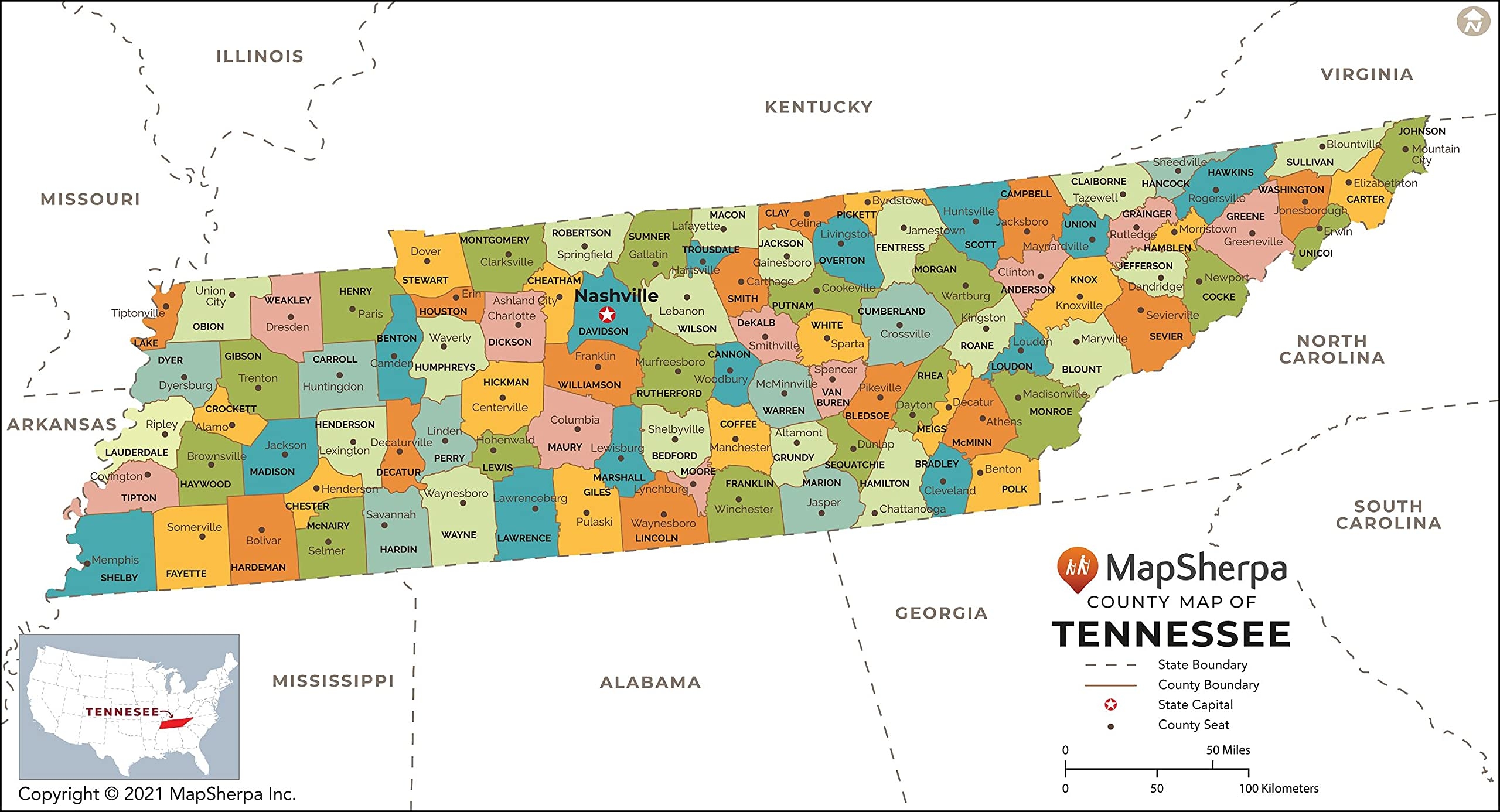 Amazon Tennessee Counties Map Extra Large 60