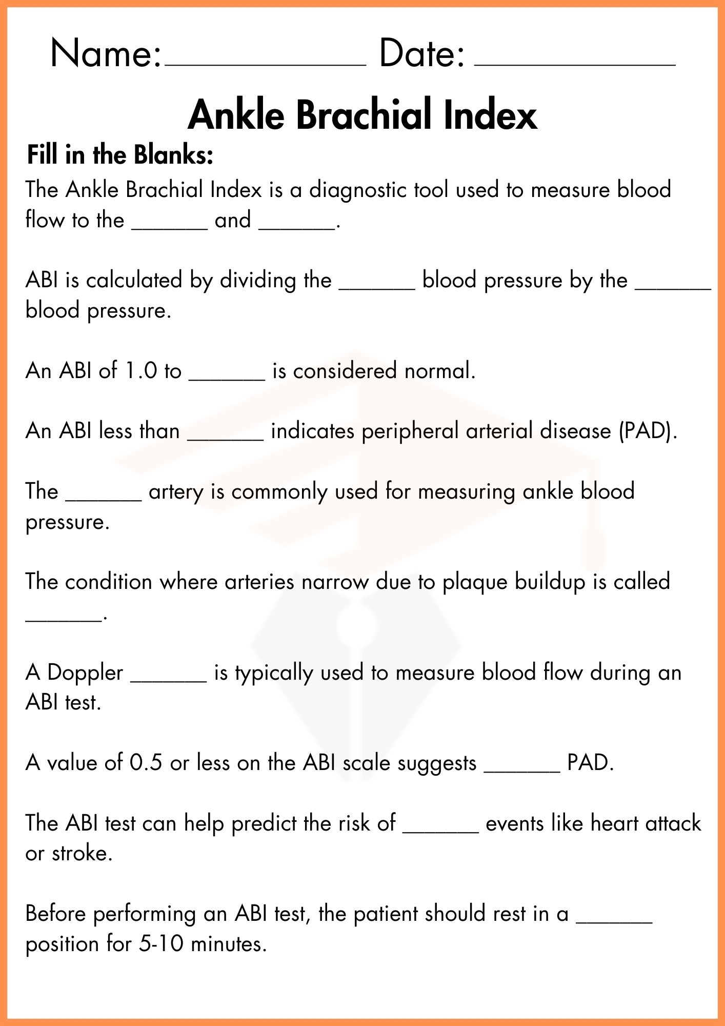 Ankle Brachial Index Worksheet