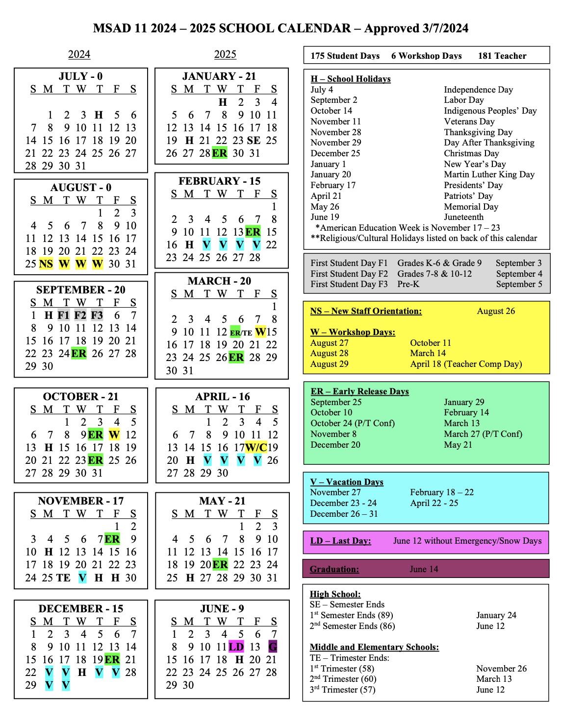 Approved MSAD 11 School Calendar 24 25 3 7 24 Helen Thompson