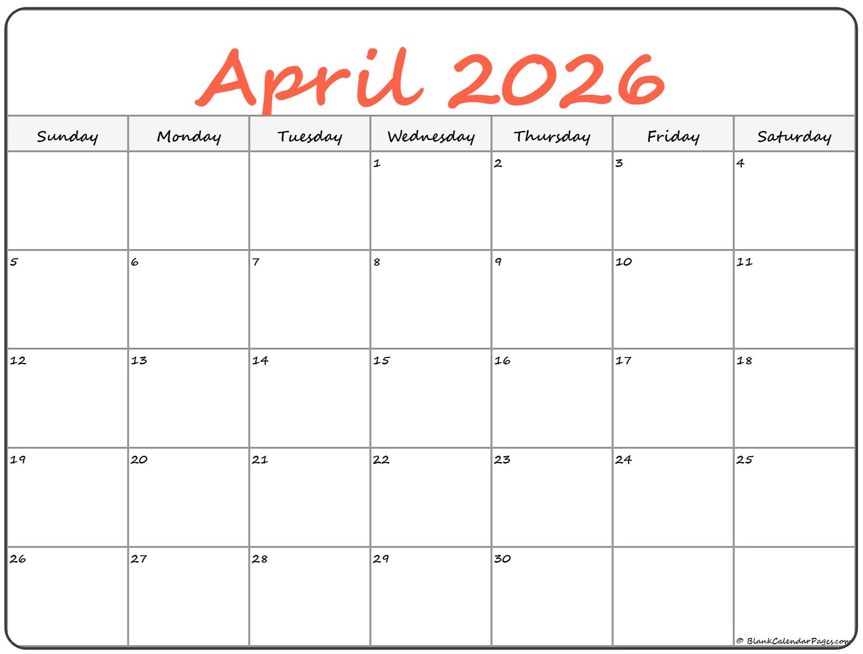 April 2026 Calendar Free Printable Calendars April 2026 Calendar Free Printable Calendars