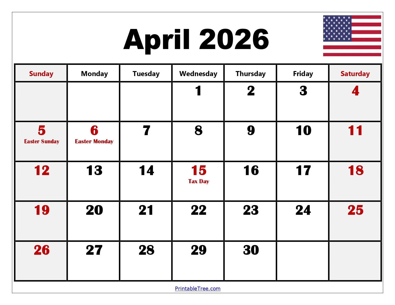 2026 April Calendar Printable