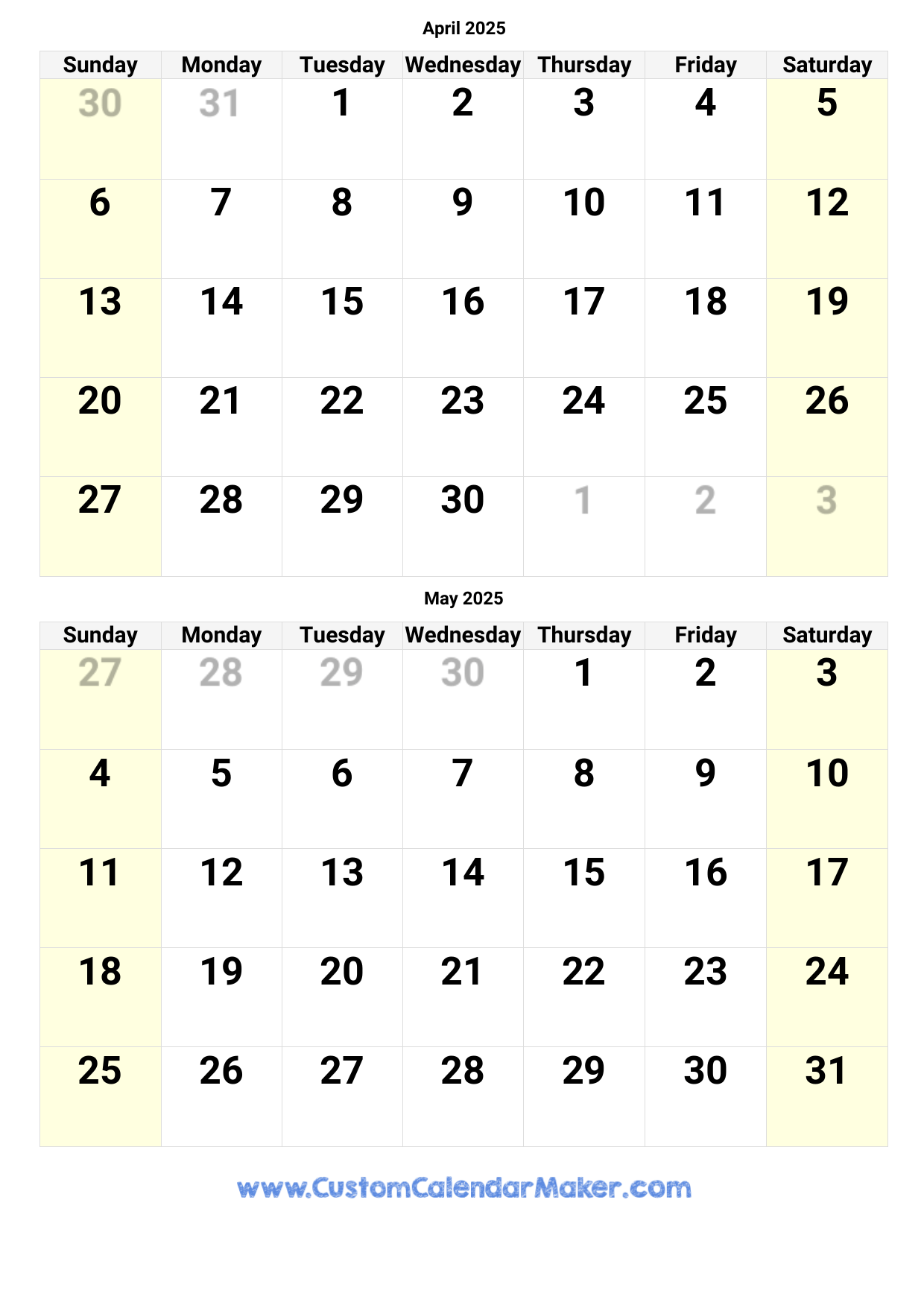 April And May 2025 Calendar Custom Calendar Maker