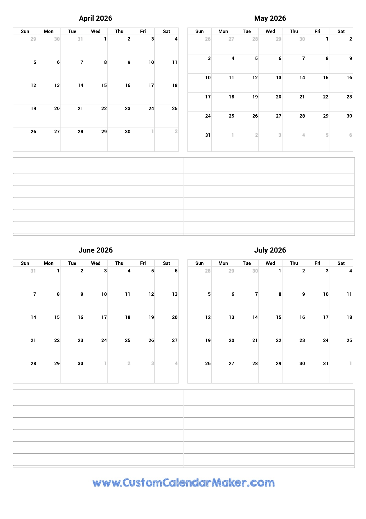 April To July 2026 Printable Calendar Custom Calendar Maker