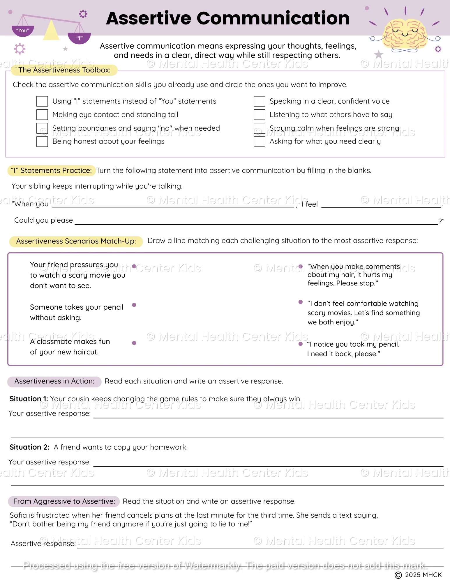 Assertive Communication Worksheets 2 Pages Mental Health Center Kids