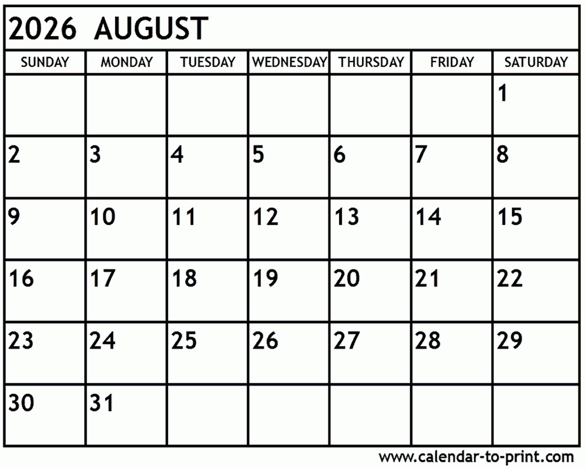 Free August Calendar 2026 Printable