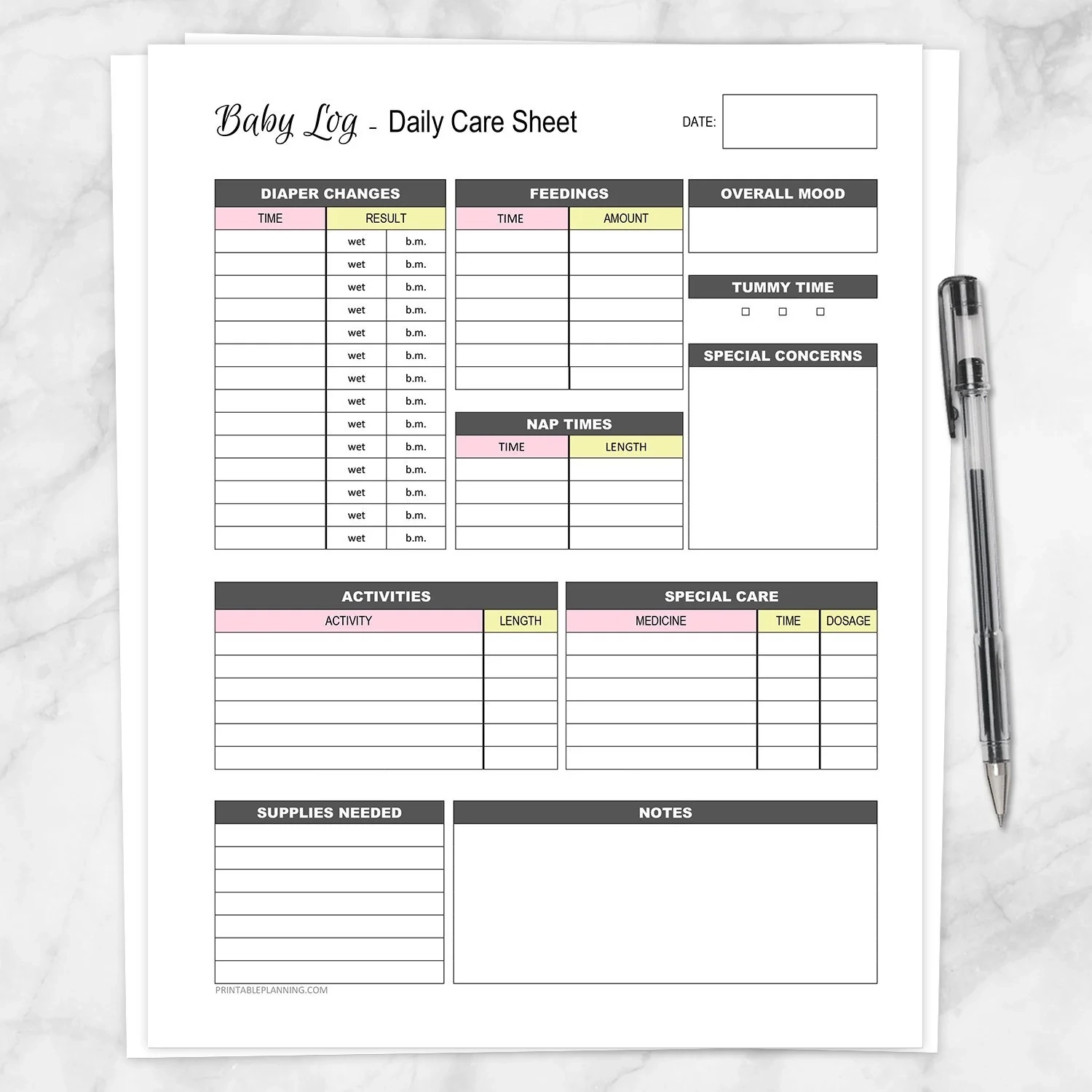 Baby Log Daily Infant Care Sheet Pink And Yellow Printable Printable Planning