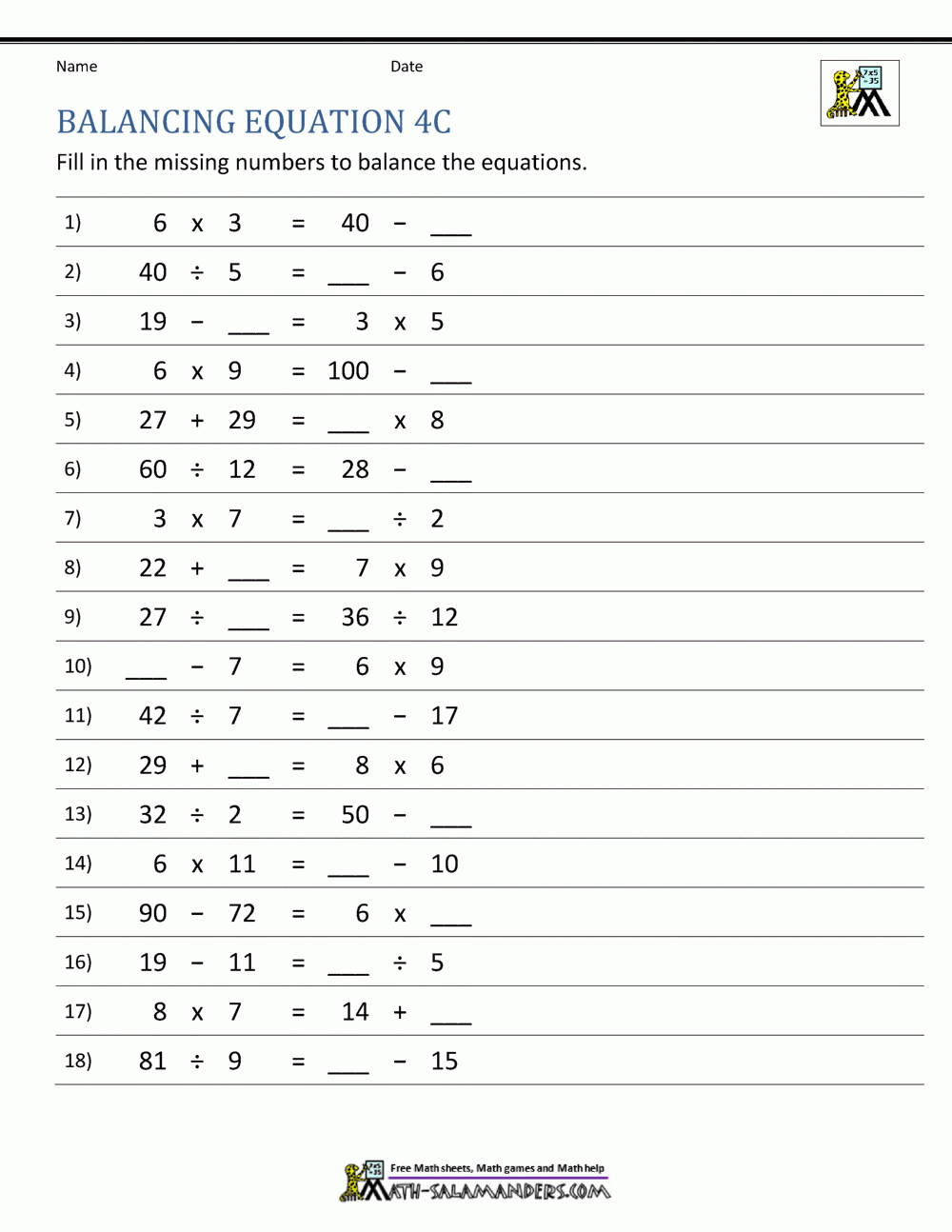 Balancing Math Equations Worksheet Image