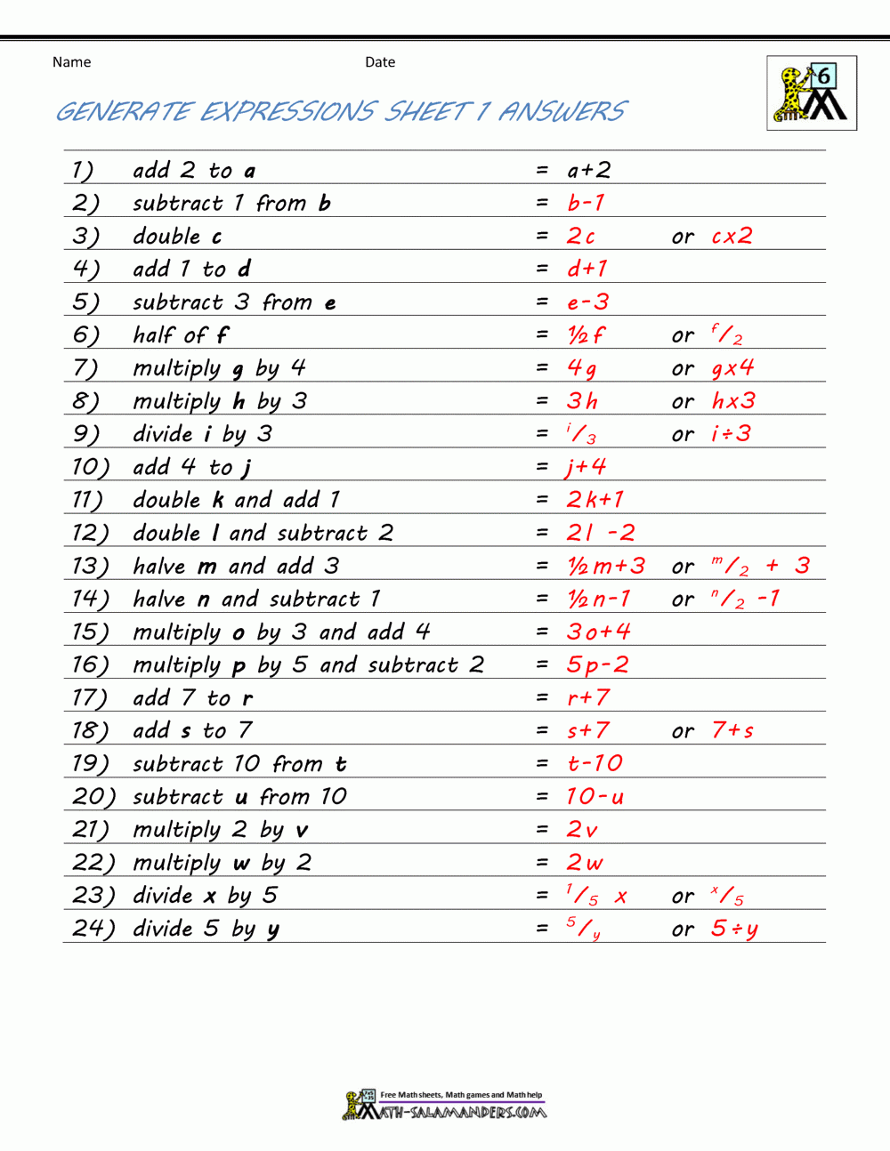 Algebra Sheets Printable