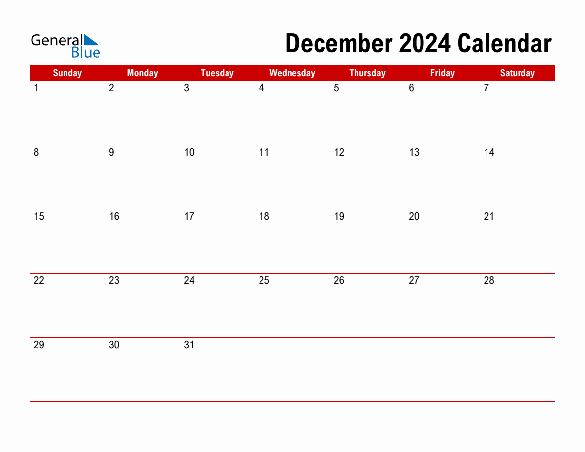 Basic Monthly Calendar December 2024