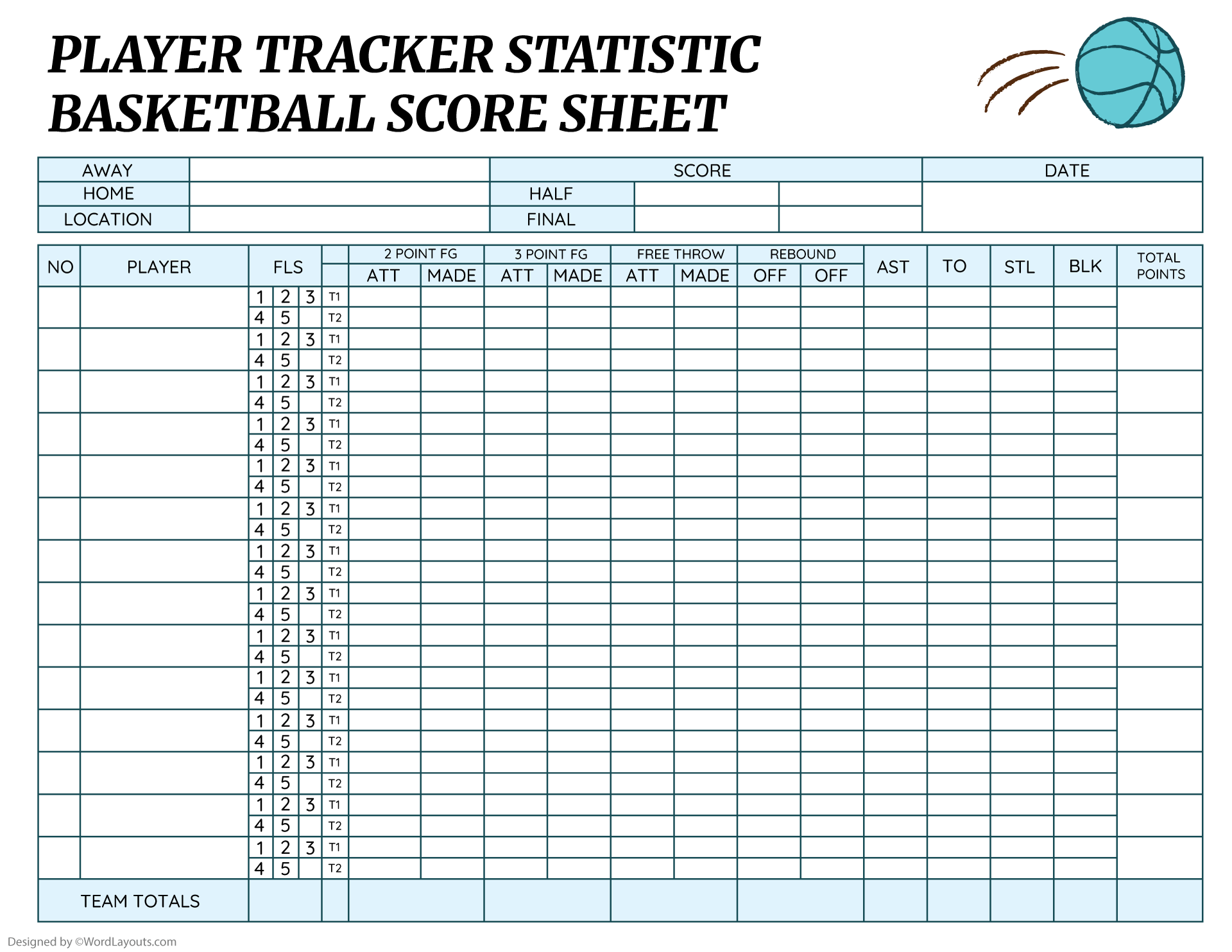 Basketball Player Statistics Tracker Sheet Template