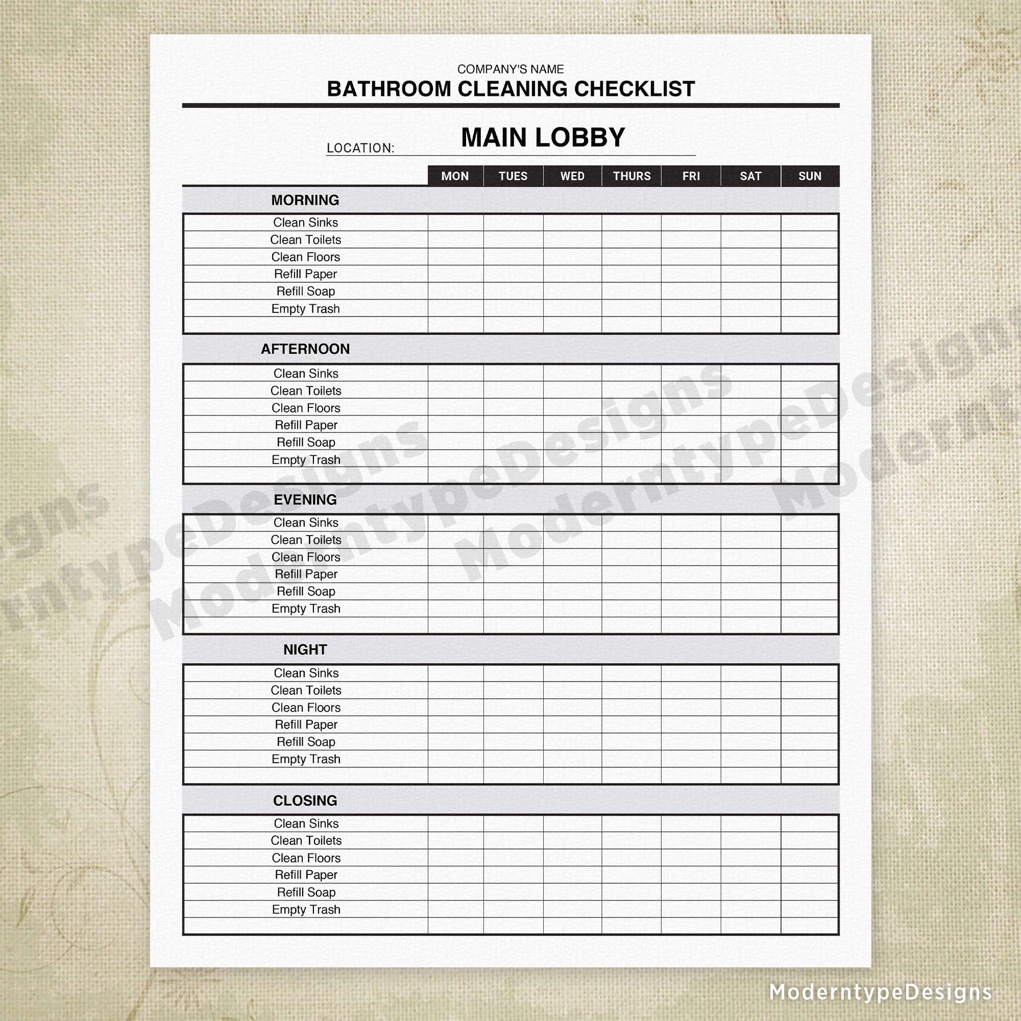 Bathroom Cleaning Checklist Printable Editable
