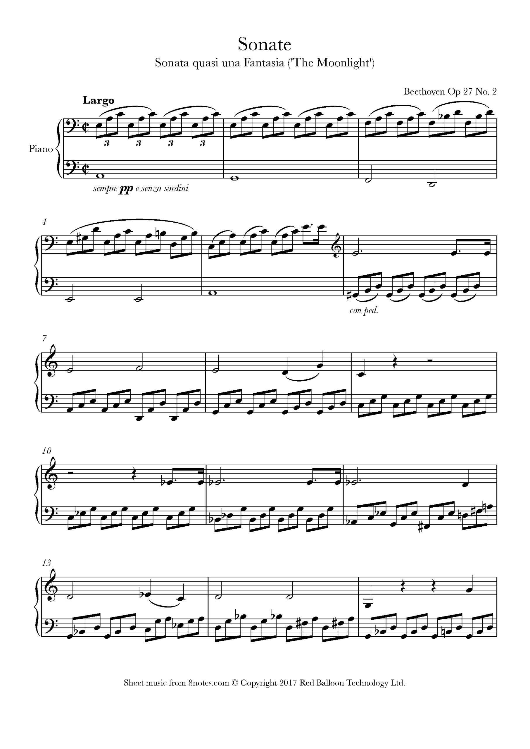 Beethoven Ludwig Van Moonlight Sonata 1st Mvt For Piano Free Sheet Music For Piano 8notes