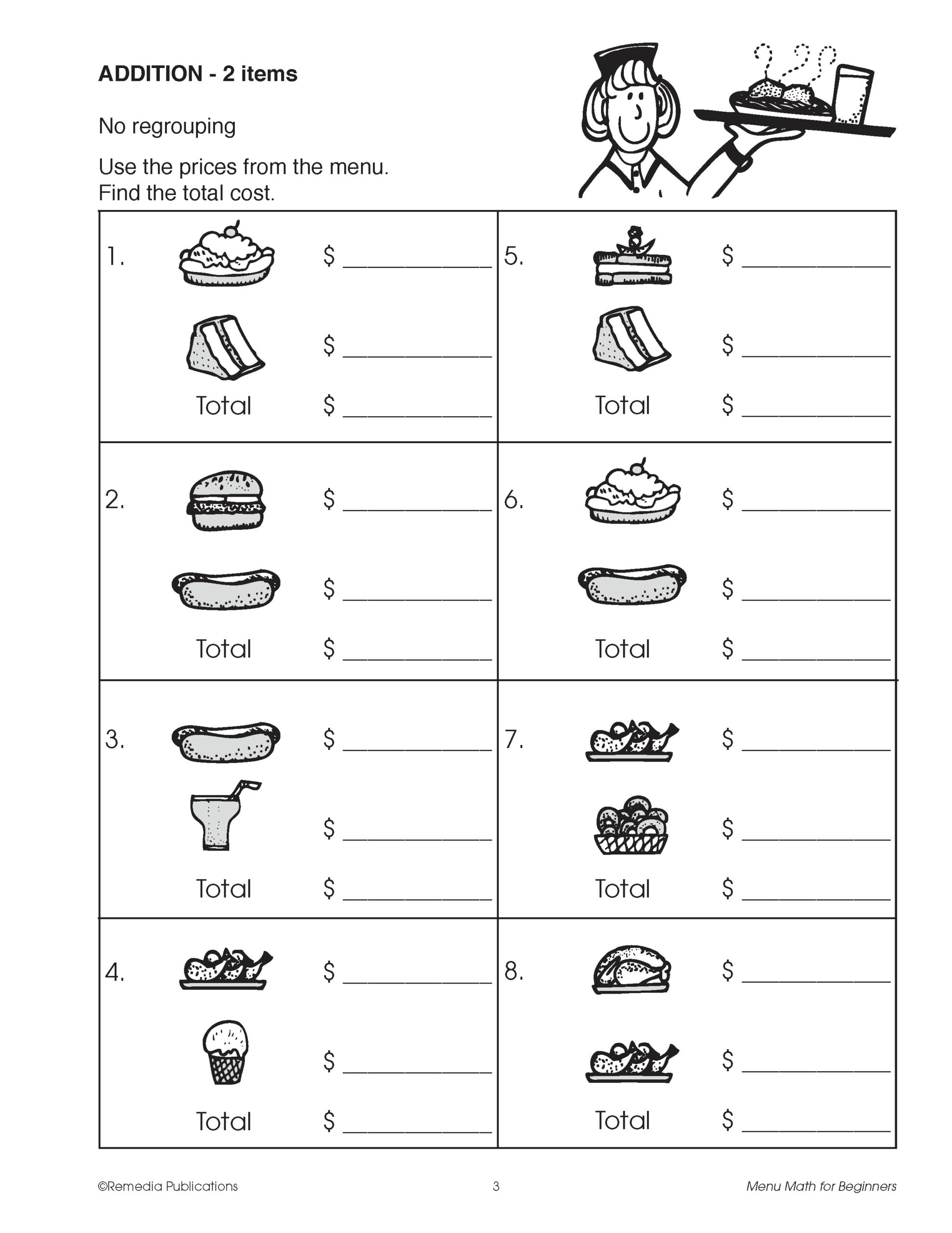 Printable Menu Math Worksheets