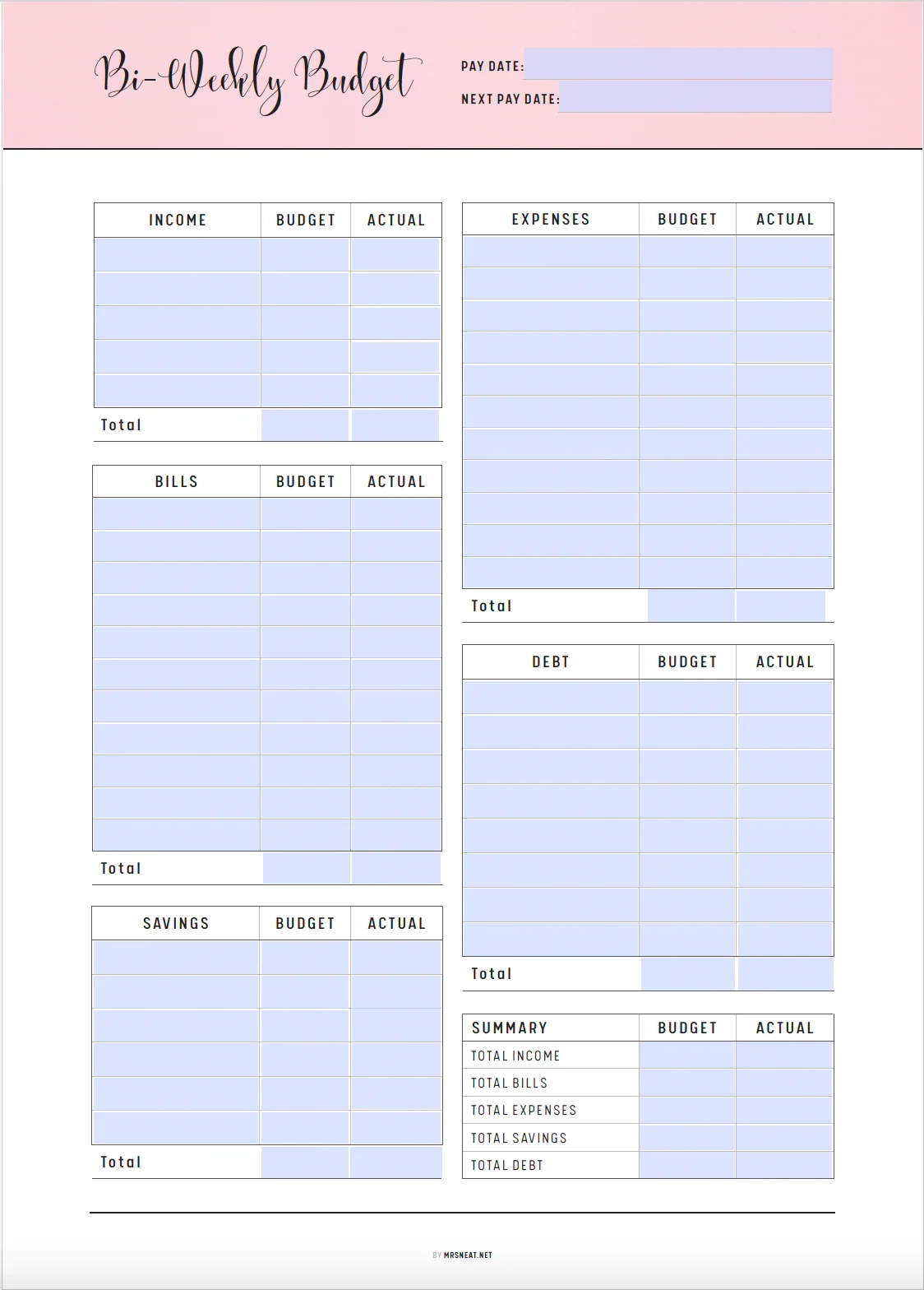 Budget Tracking Sheet Printable