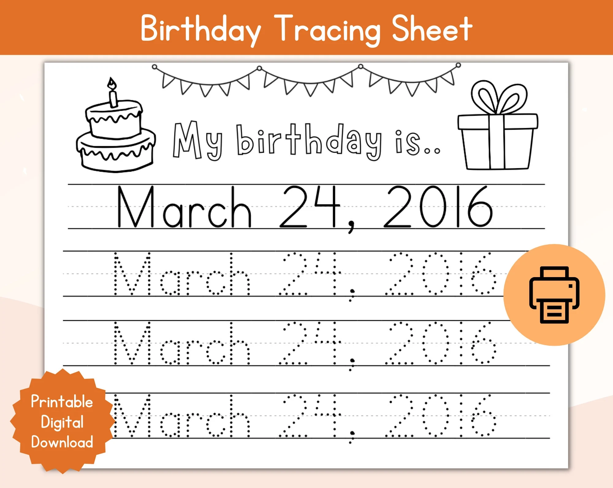 Birthday Tracing Custom Worksheet Personalized Birthdate Tracing Name Worksheet Date Of Birth Tracing Printable my Birthday Is Tracing Etsy