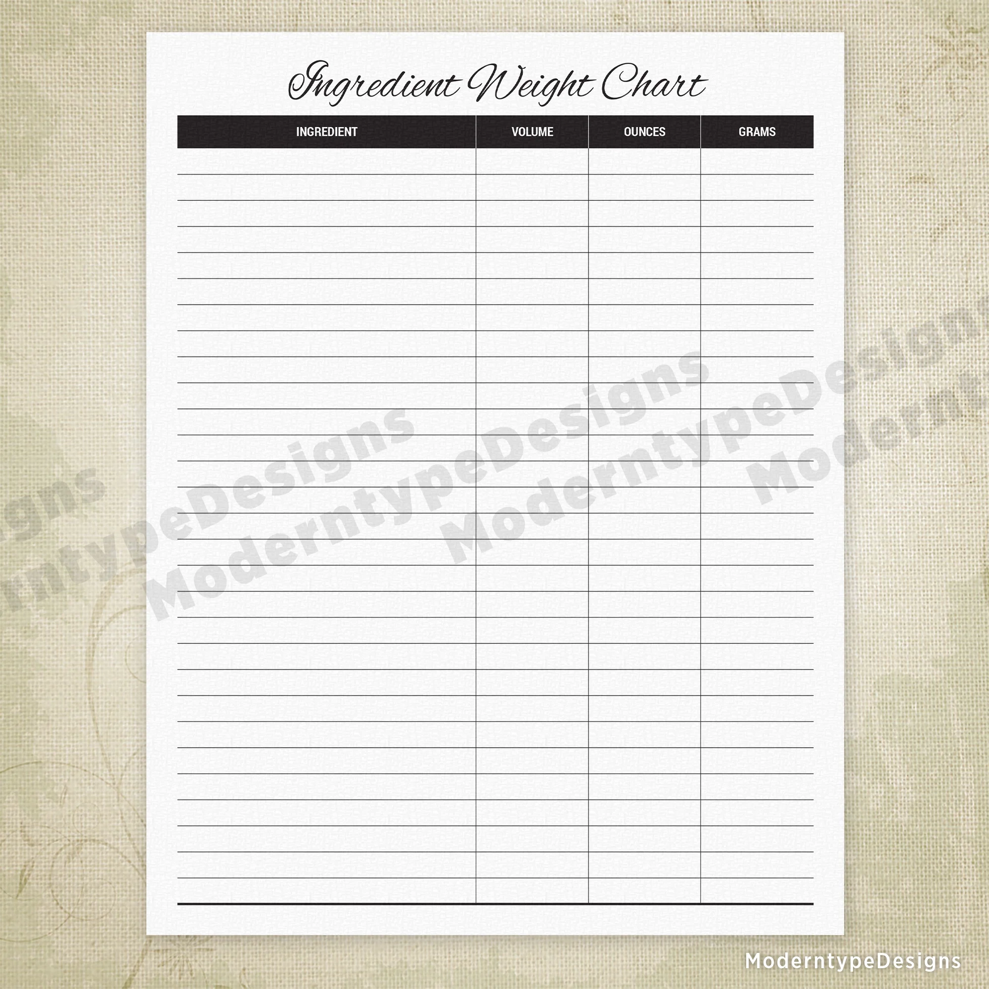 Blank Ingredient Weight Conversion Chart Printable Blank Ingredient Weight Conversion Chart Printable