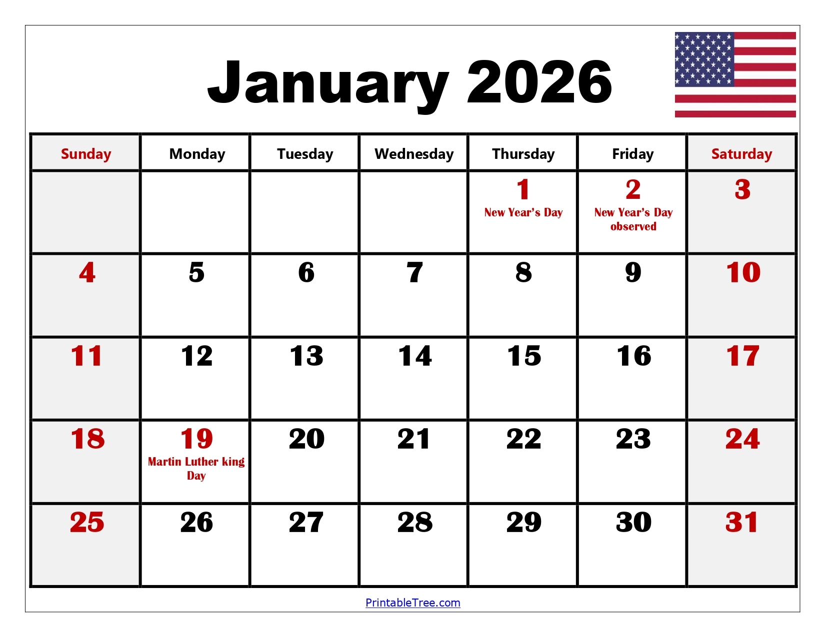 2026 Printable Calendar With Holidays Free