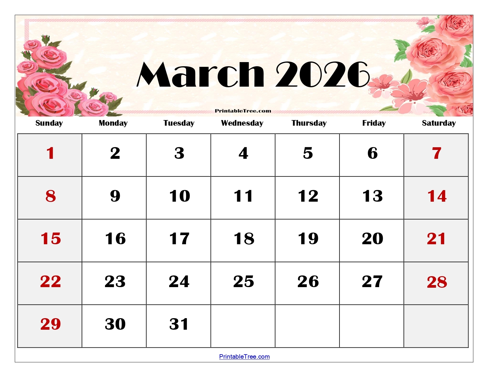 Printable March 2026 Calendar