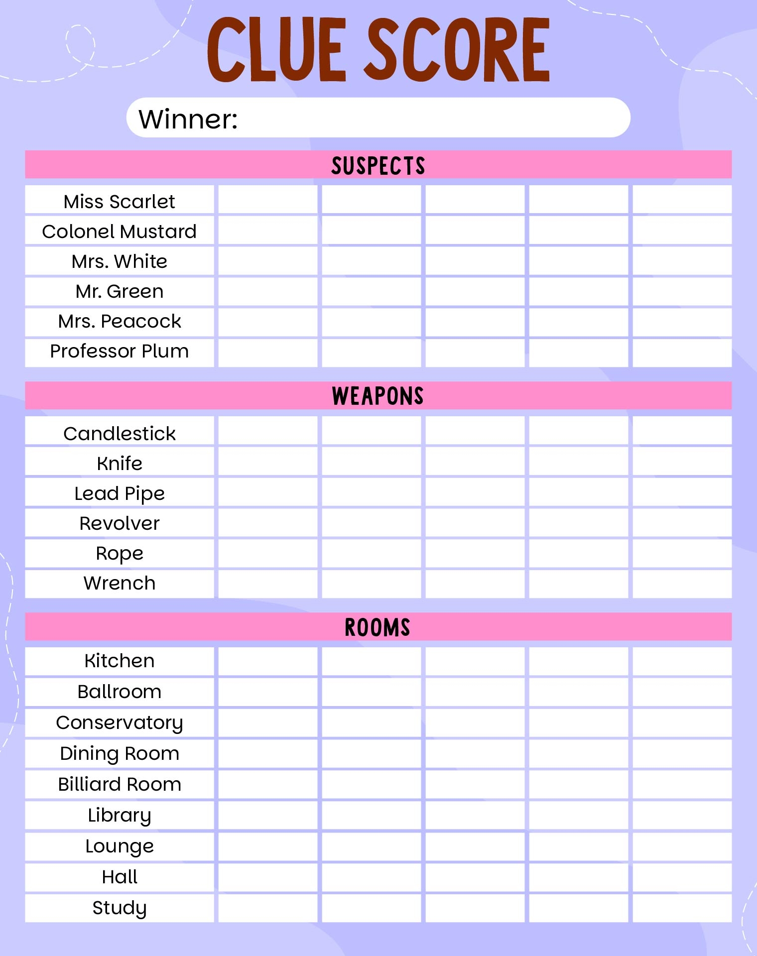 Clue Jr Printable Sheets