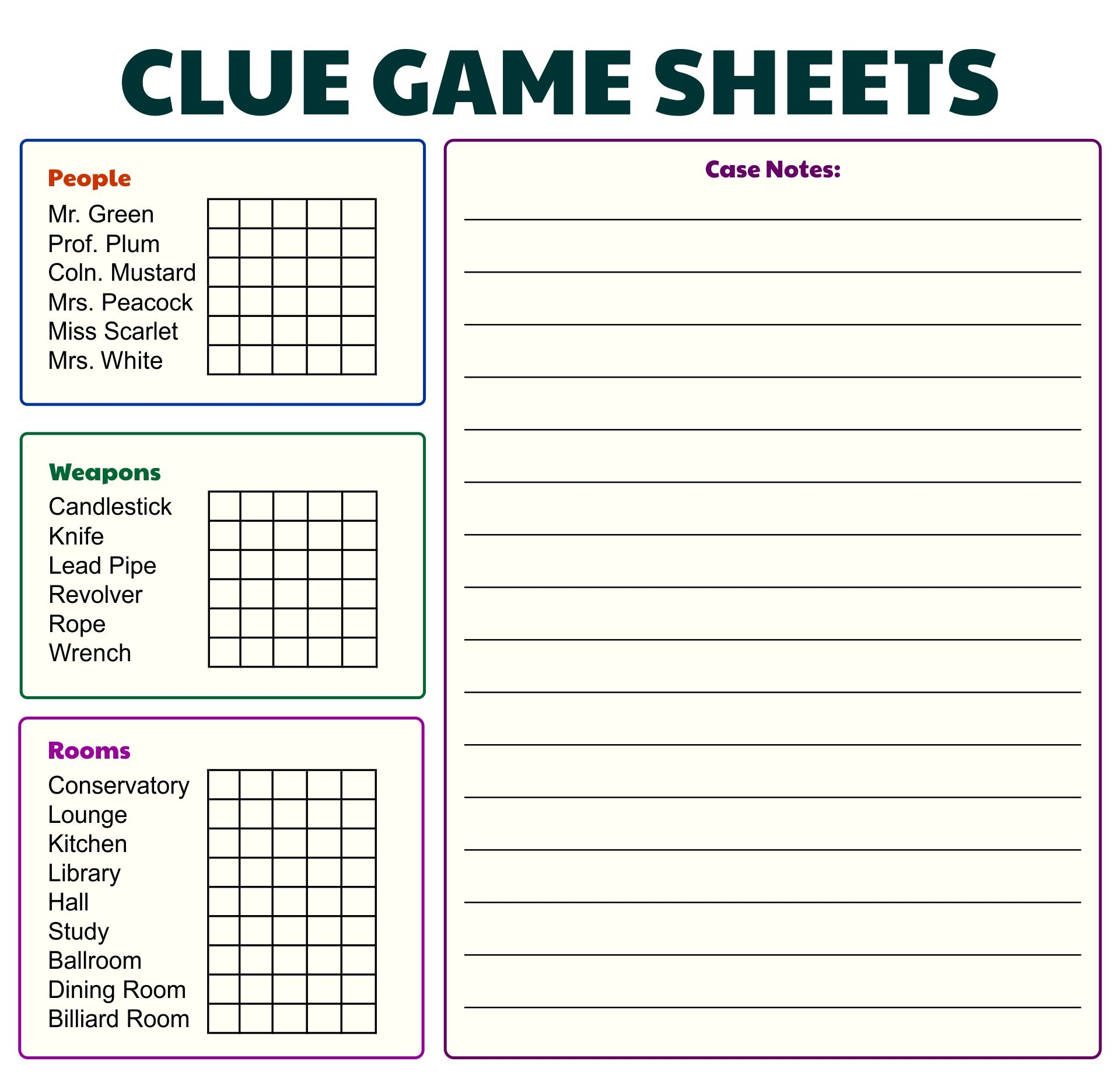 Board Game Clue Sheets 10 Free PDF Printables Printablee