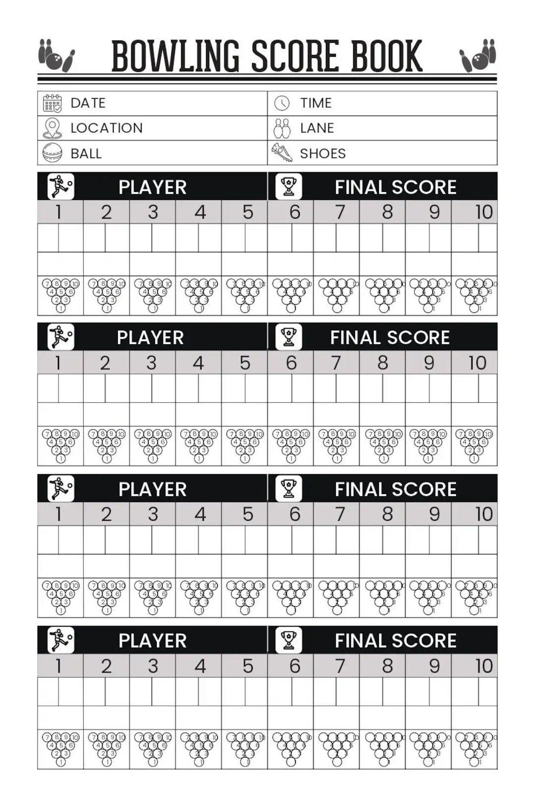 Printable Bowling Score Sheet With Pins