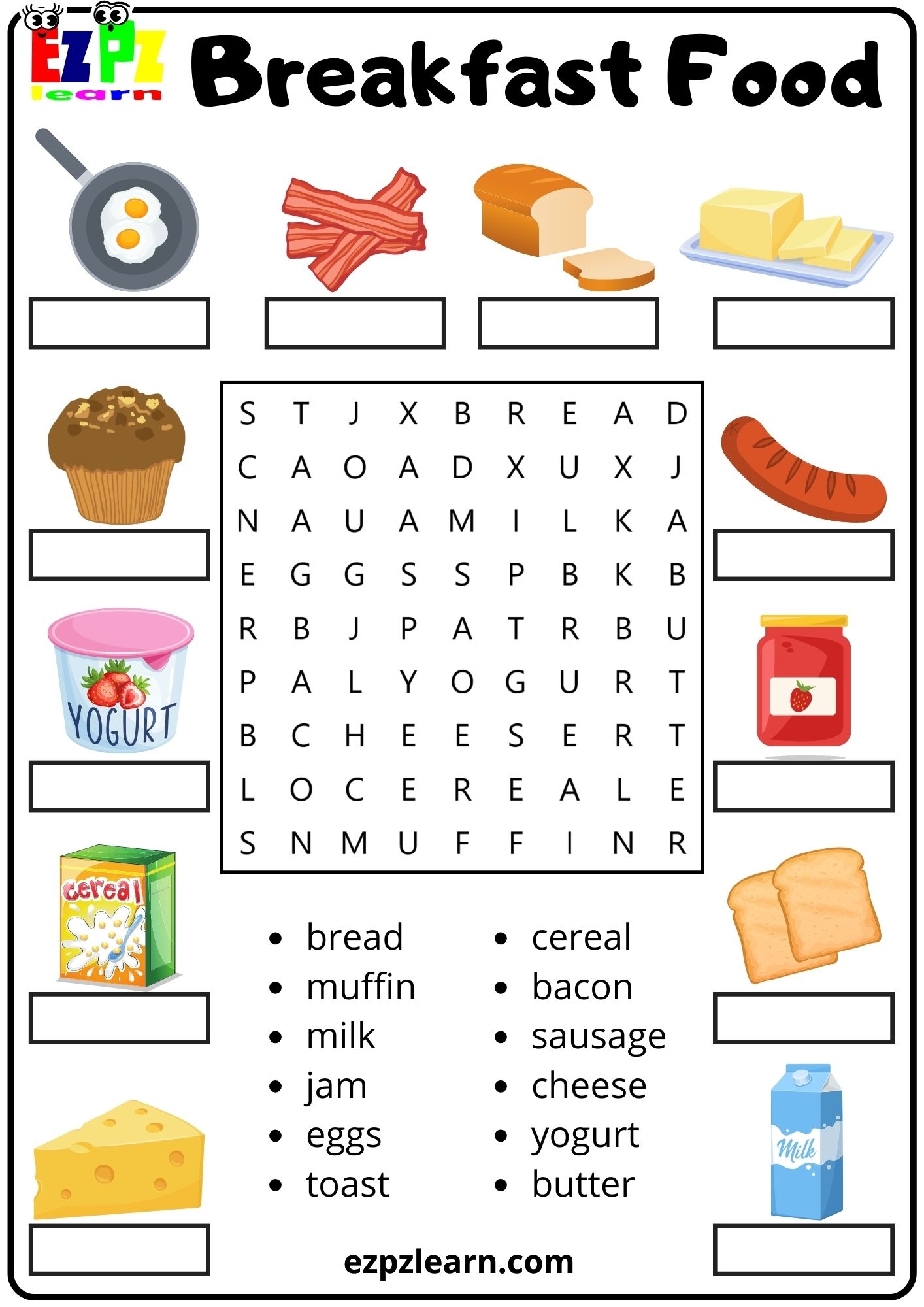 Breakfast Food Vocabulary Word Search And Match The Words Activity For Kids Ezpzlearn