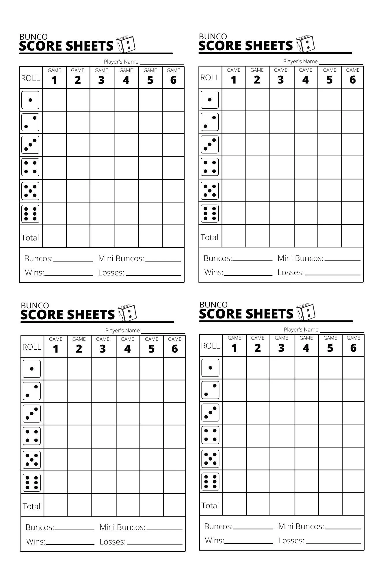 Printable Bunco Score Sheets Pdf