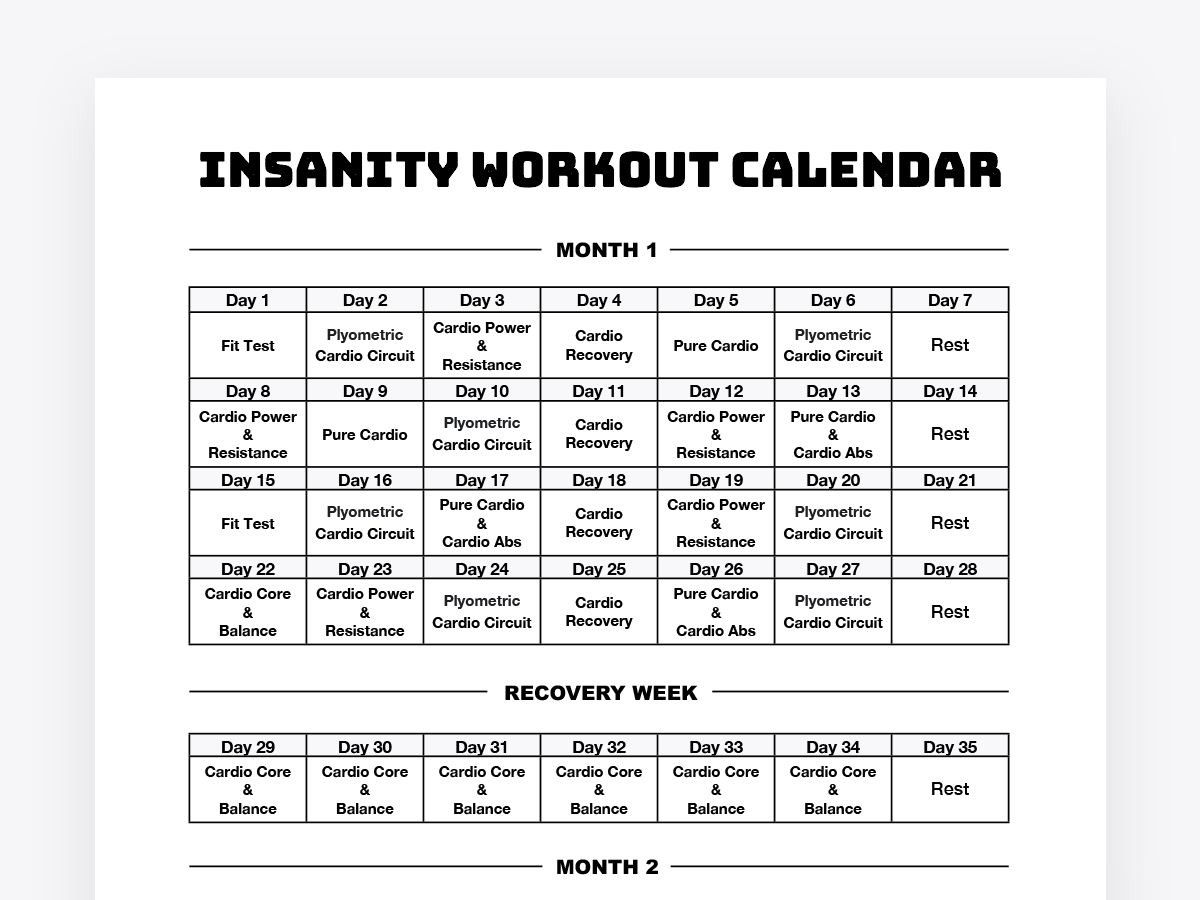 Insanity Calendar Printable