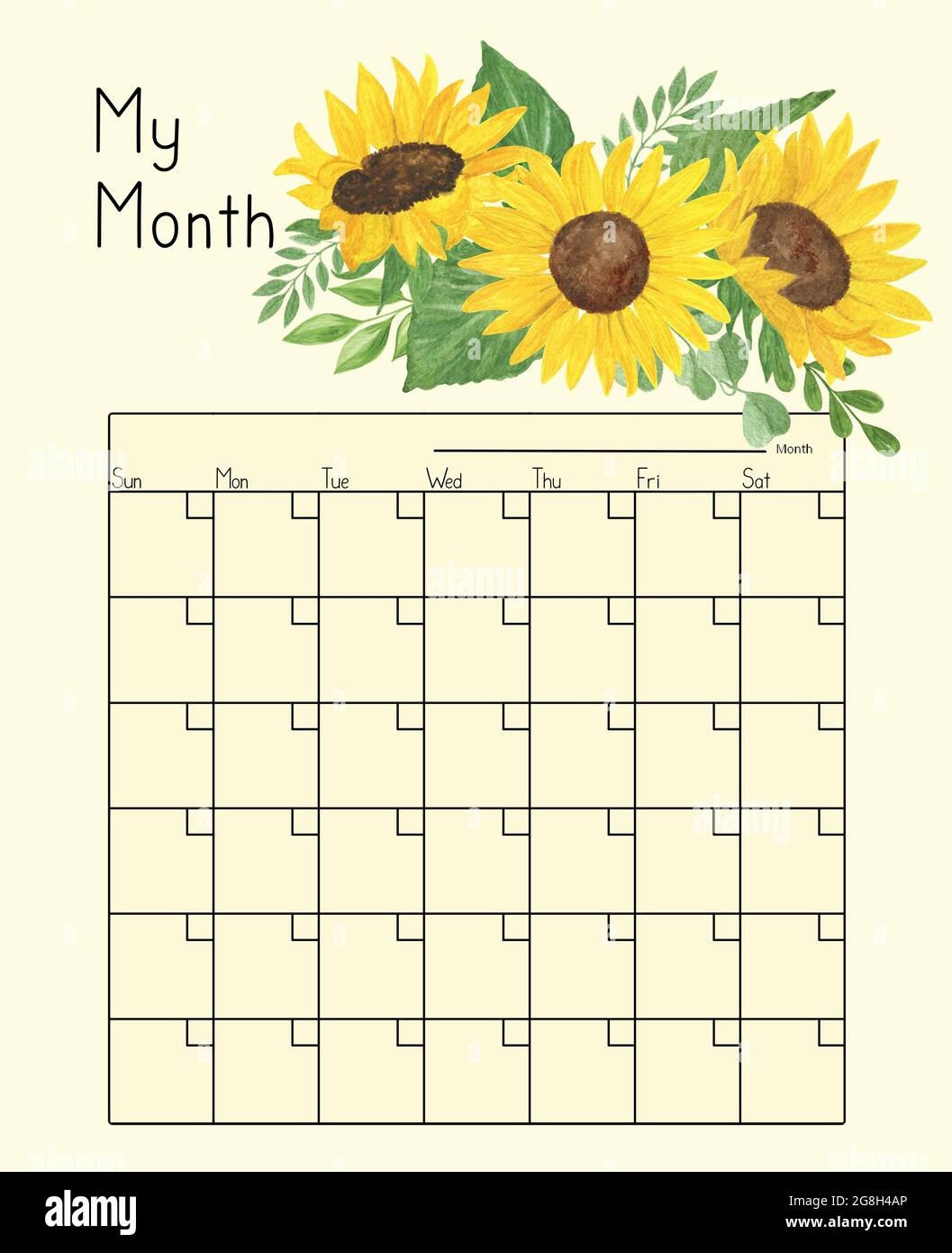 Calendar Grid With Sunflowers Floral Ornament Watercolor Illustration Blank Printable Template Undated Monthly Planner Page To Be Used As Home Or Office Planner Stock Photo Alamy