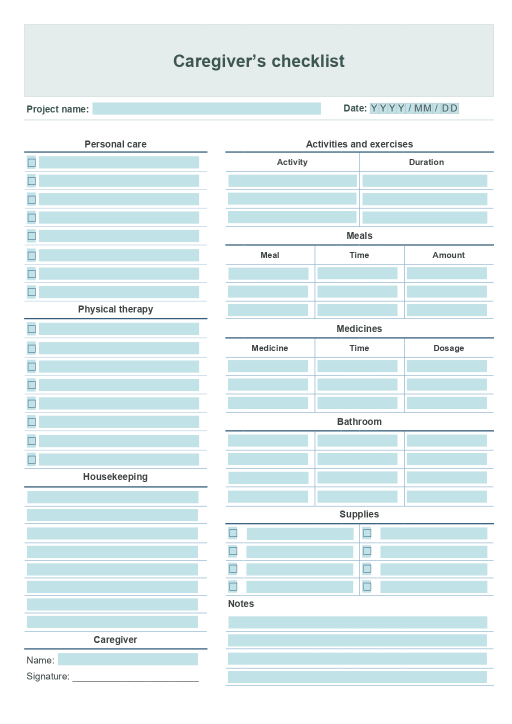 Printable Caregiver Daily Log Sheet